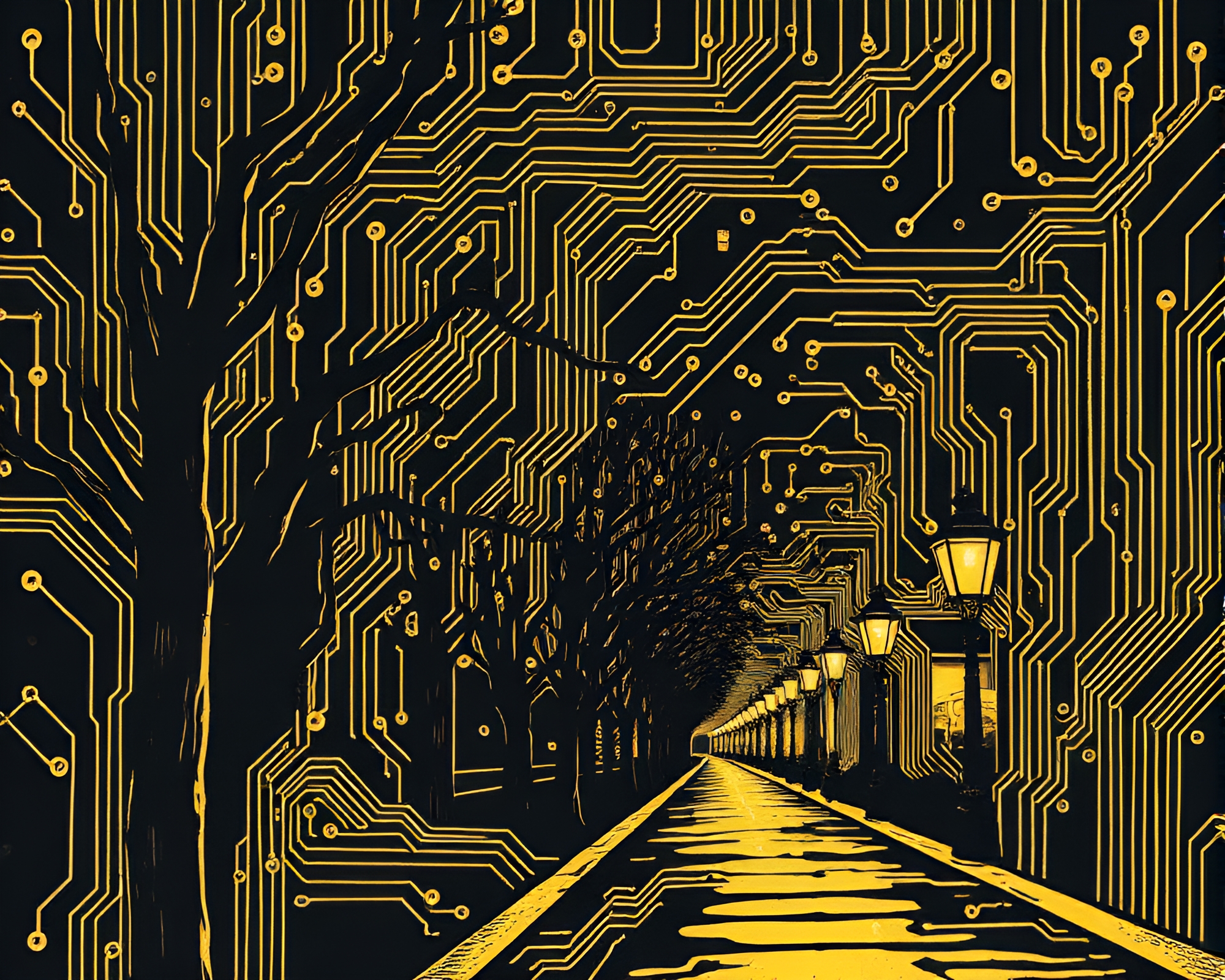 Futuristic Circuit Board Streetlamp Woodcut Print – free AI stock image