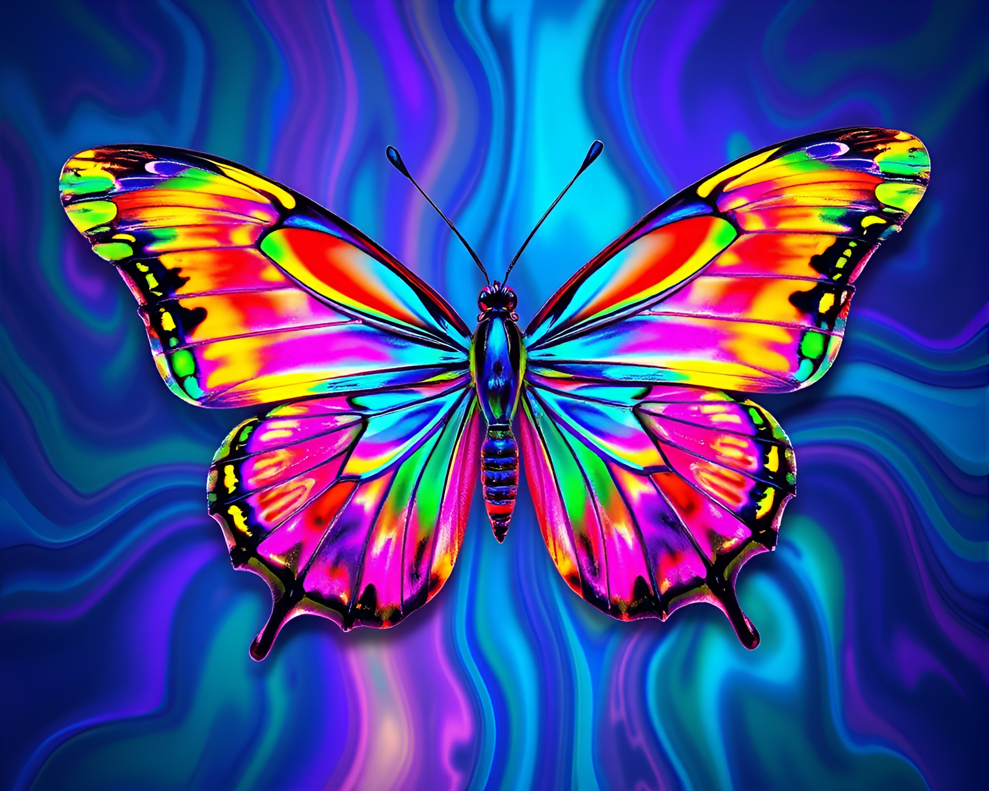 Neon X-Ray Silk Butterfly in Oil Slick Rainbow – free AI stock image