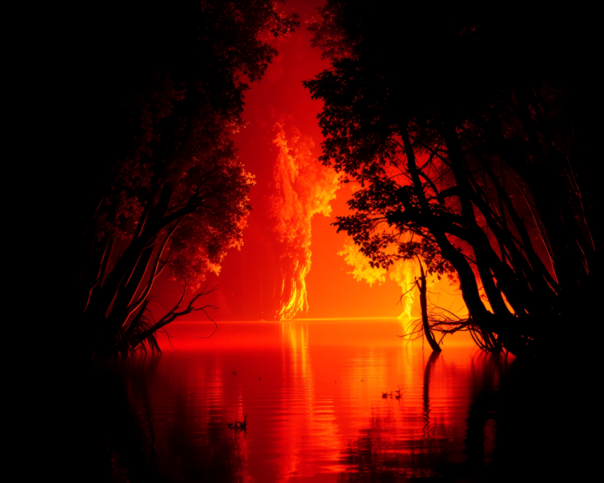 Glowing Mangrove Silhouettes in Thermal Club Lights – free AI stock image