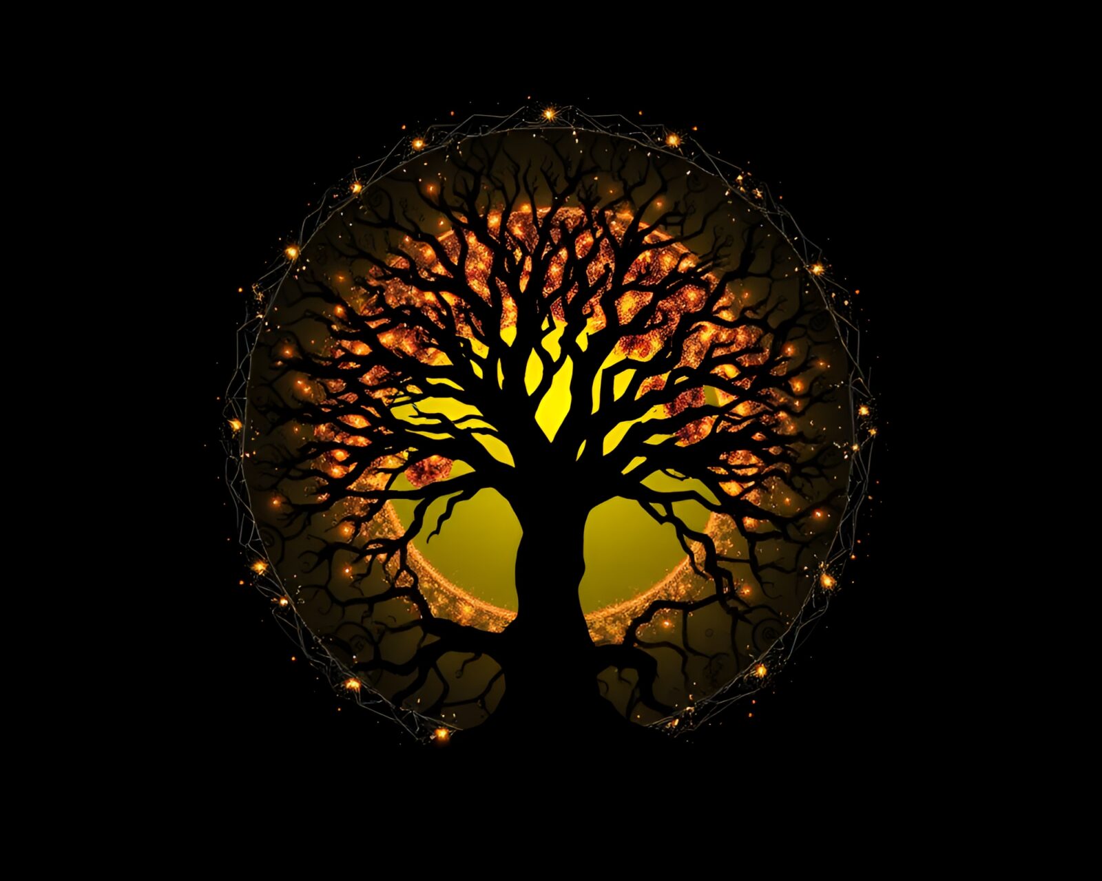 Backlit silhouette of maximalist tree ring quantum teleportation device