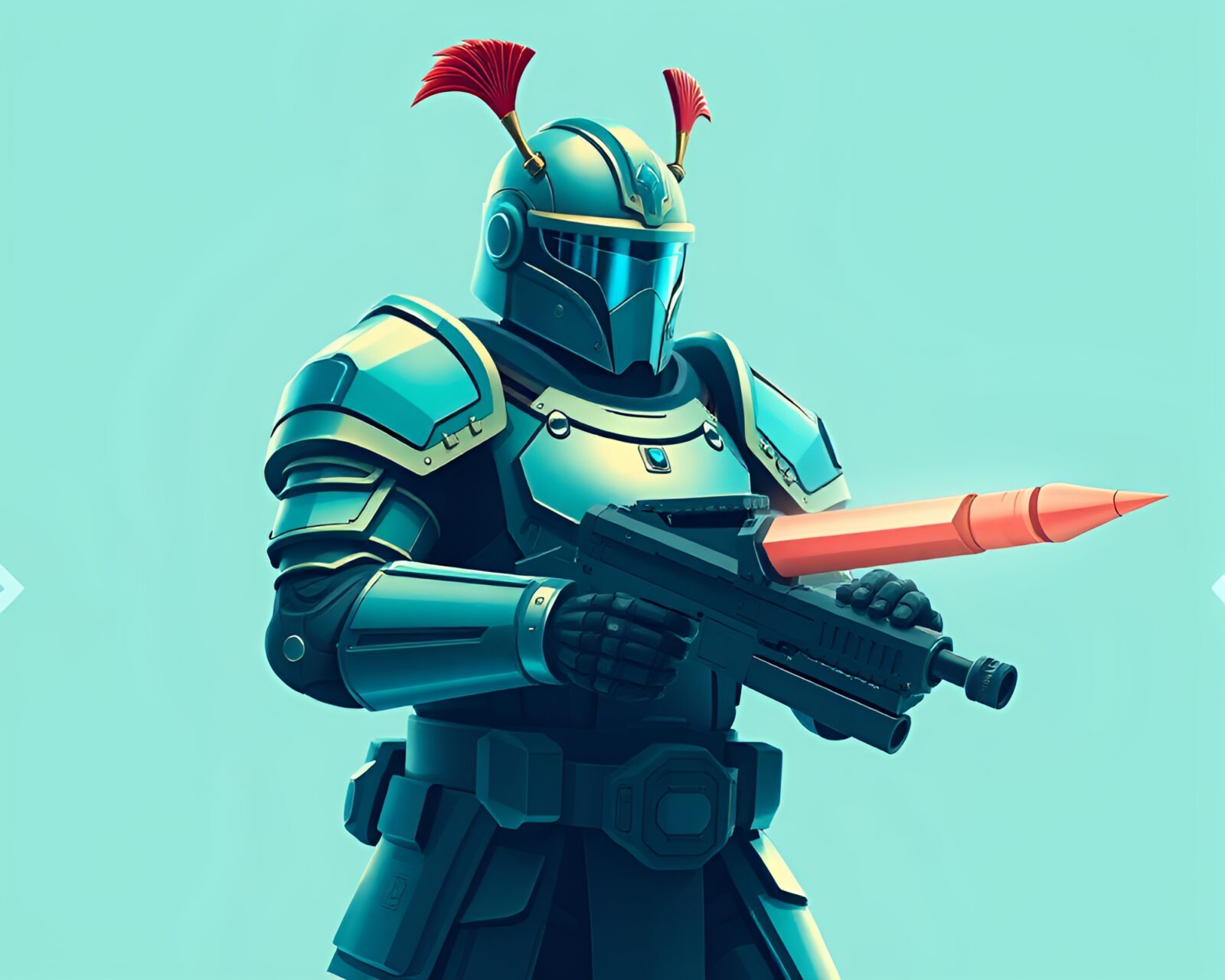 Illustration of armored figure in tranquil turquoise lighting