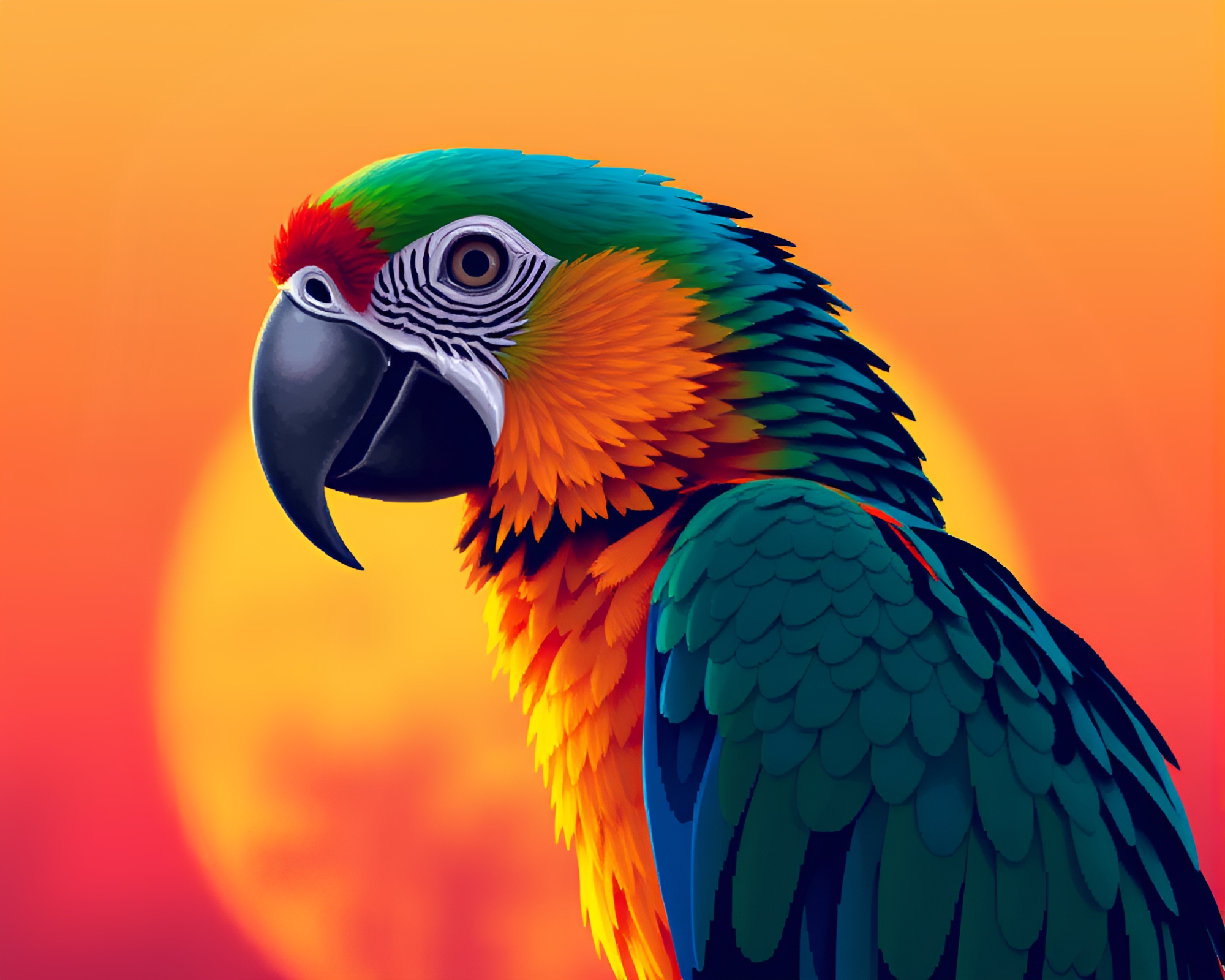 Tropical Parrot Silhouetted in Pixelated Sunset Sky – free AI stock image
