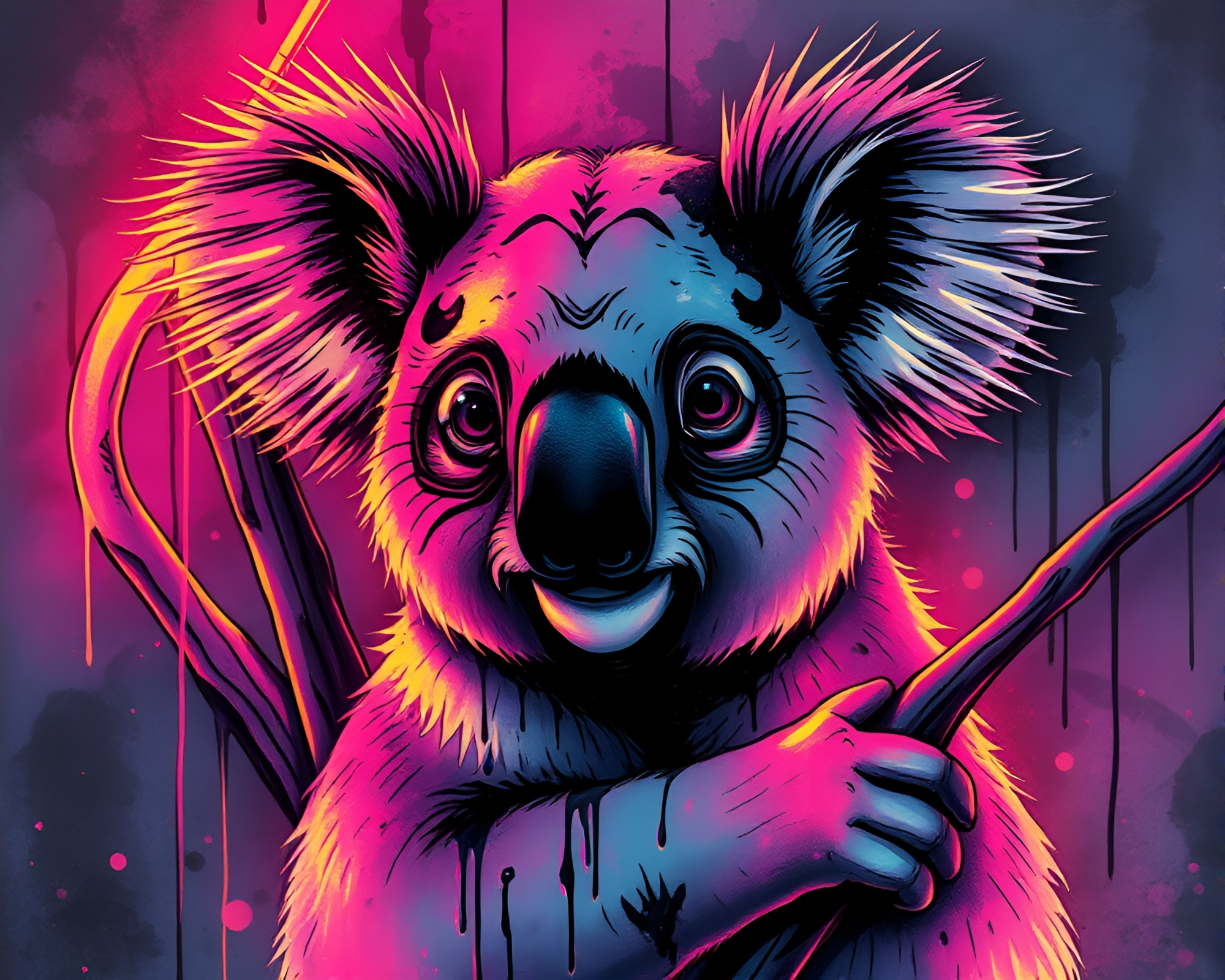 Neon Glow Koala in Manga Style Ink Wash Drips – free AI stock image