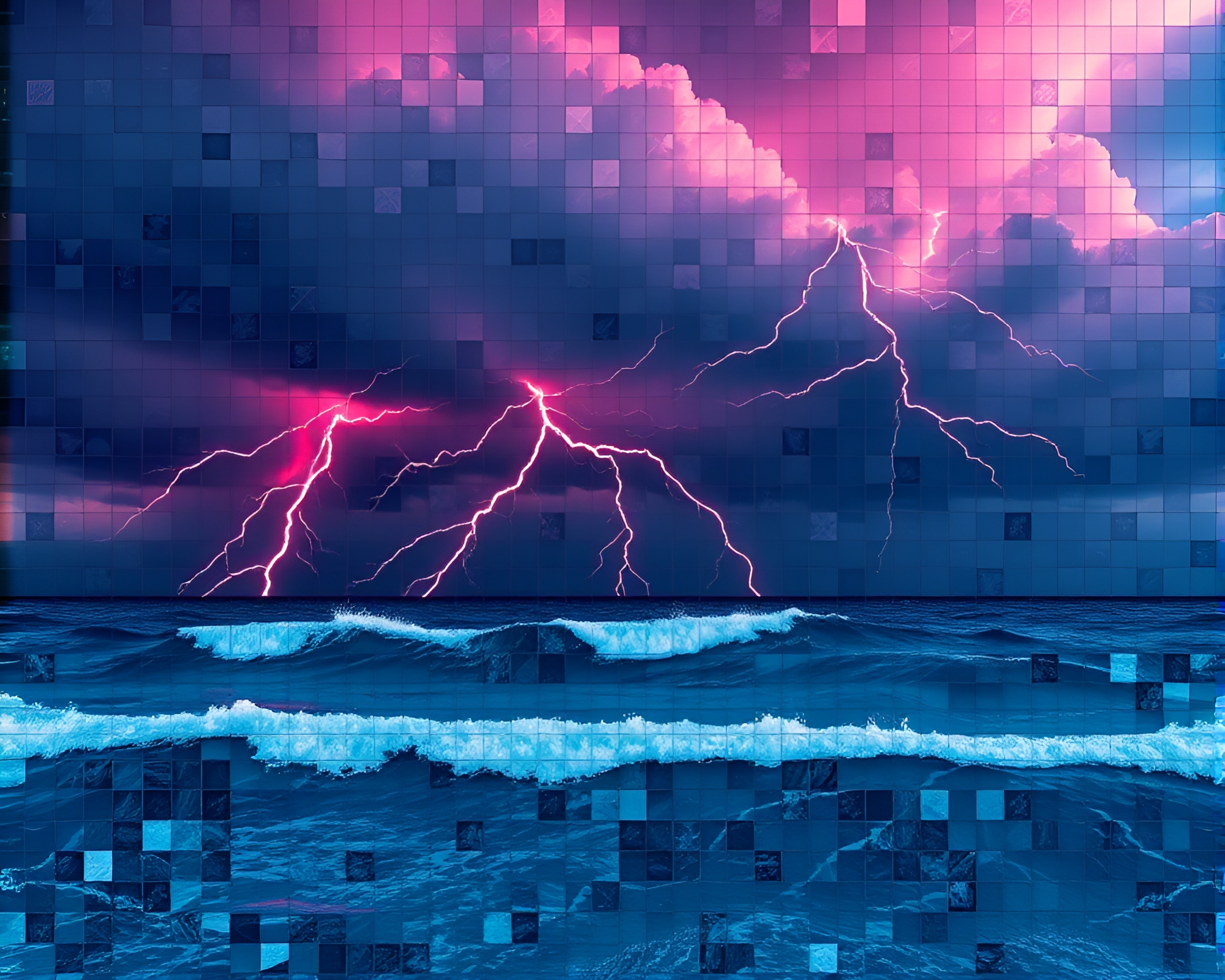 Retrowave Thunderstorm Mosaic Over Ocean – free AI stock image