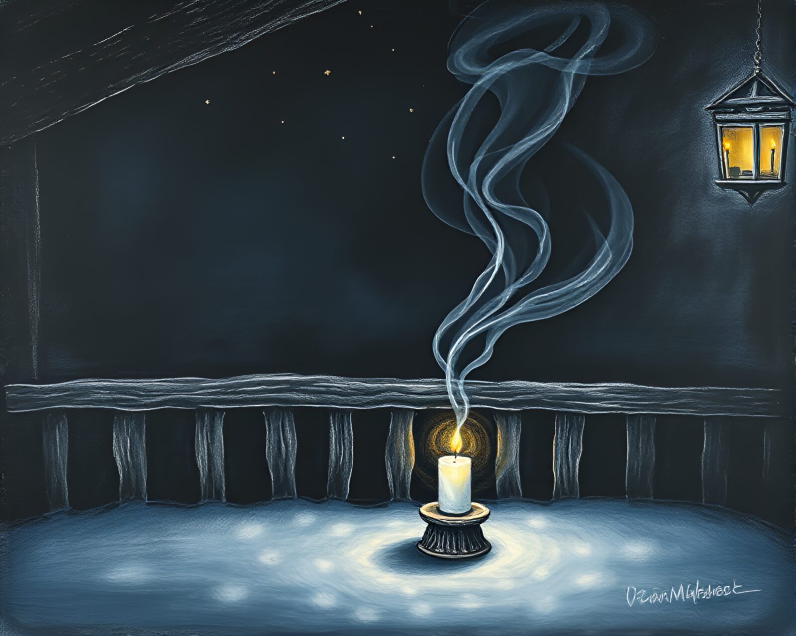 Mysterious alpine cabin with candle smoke and chalkboard art