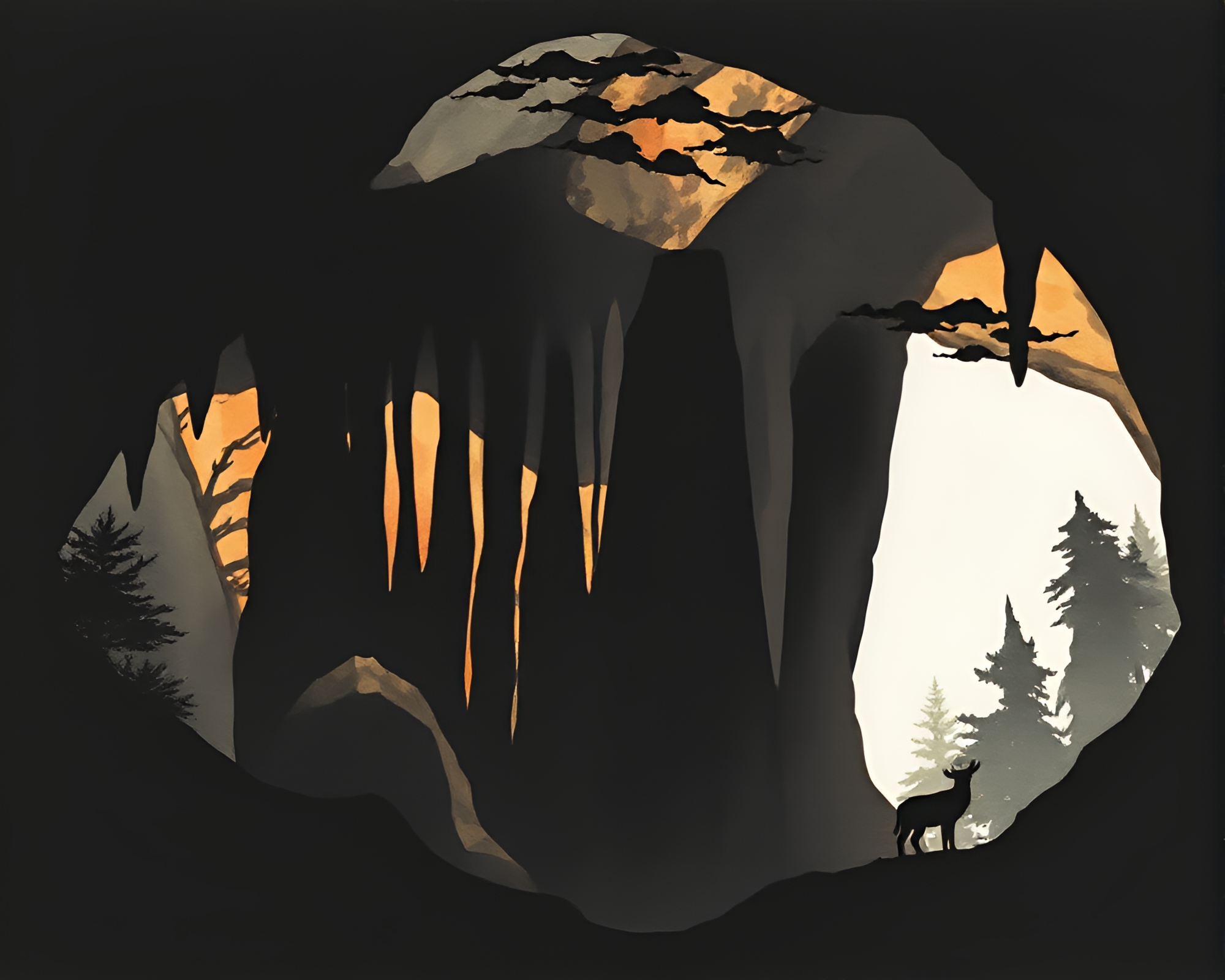 Dramatic Cave Stalactites Wildlife Watercolor – free AI stock image
