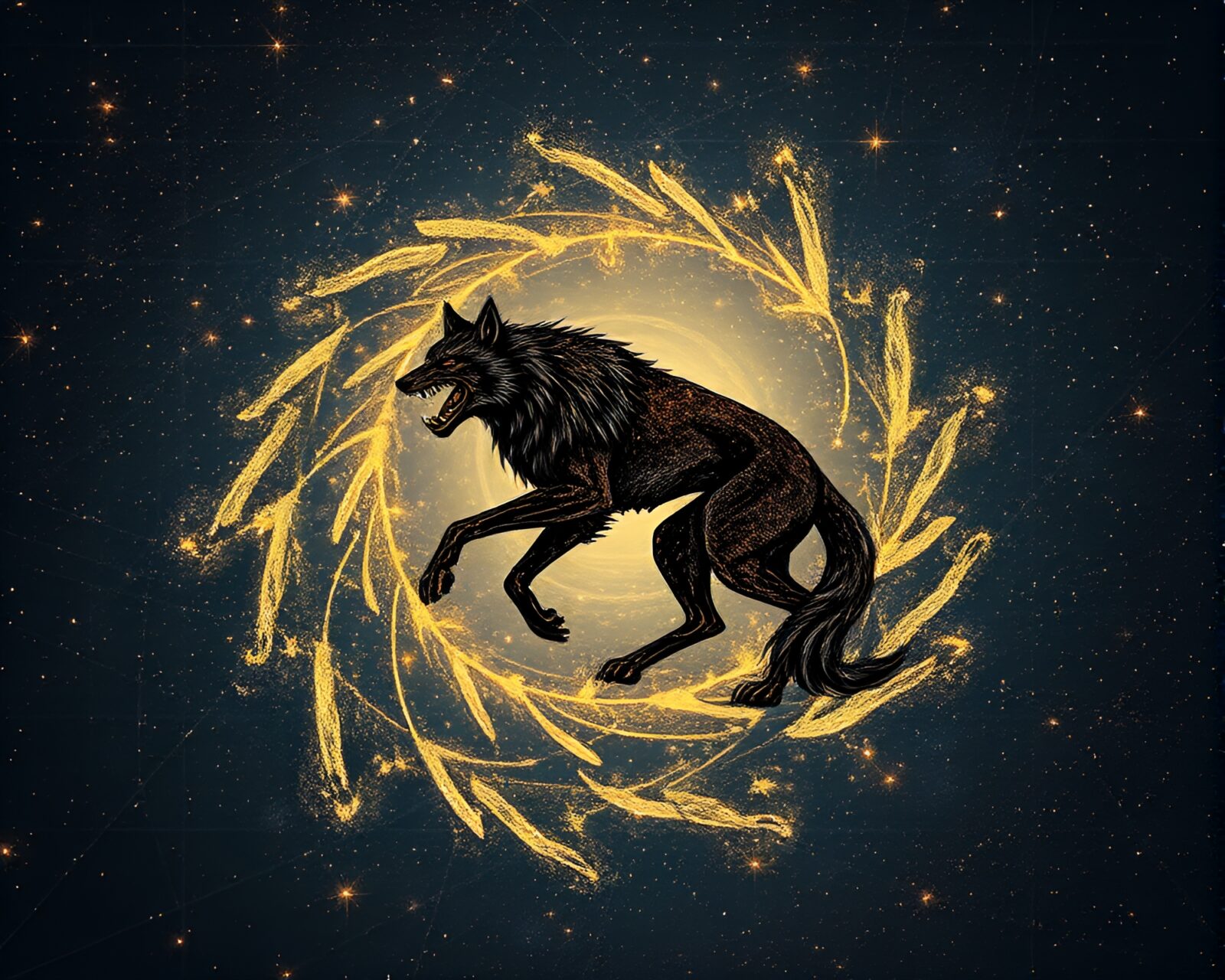 Majestic werewolf in a cosmic calligraphy maze