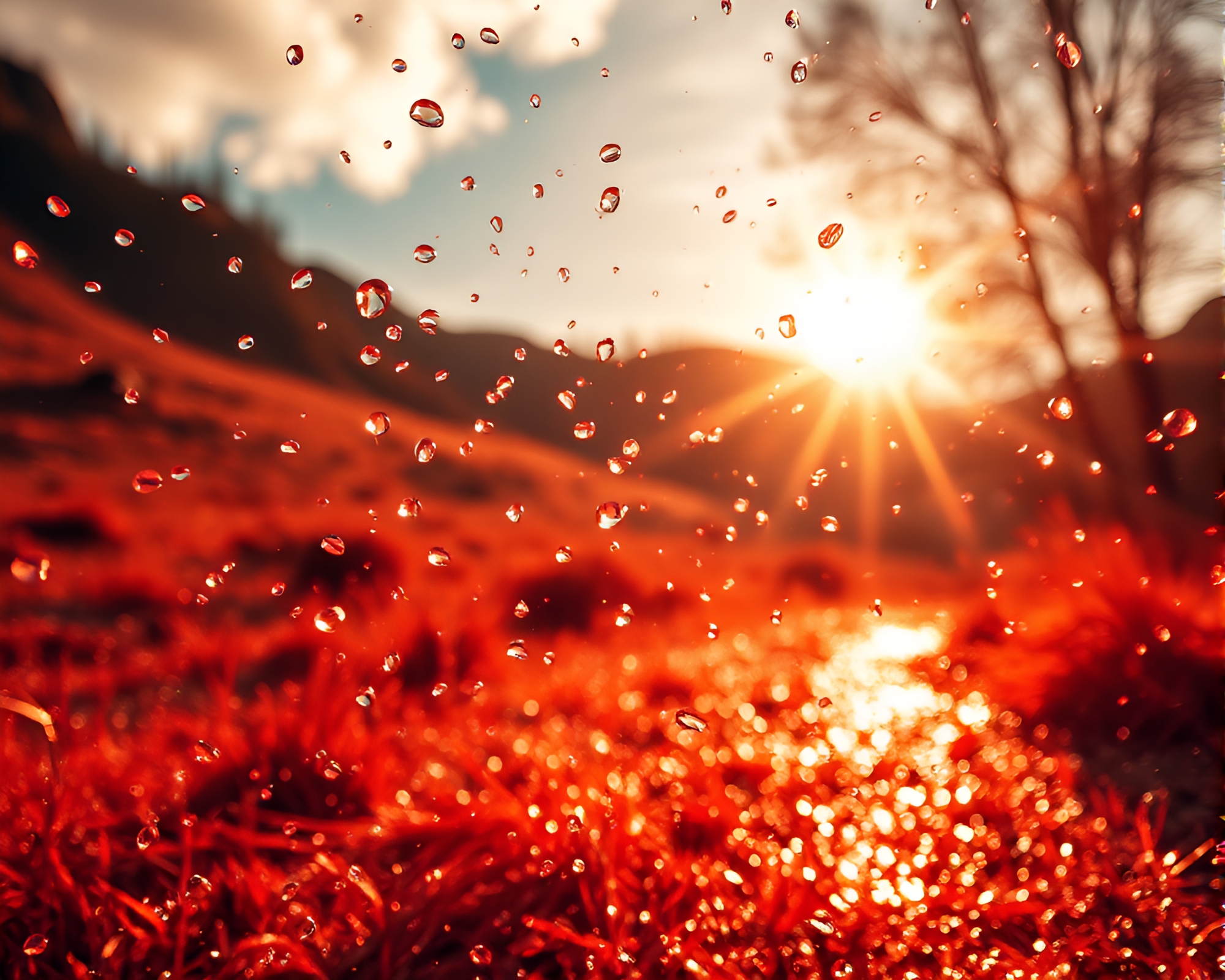 Valley Sunset with Wet Glass Beads and Lens Flare – free AI stock image