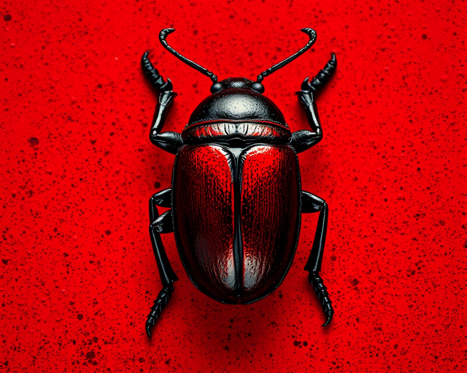 Retro film grain image of a brick red beetle