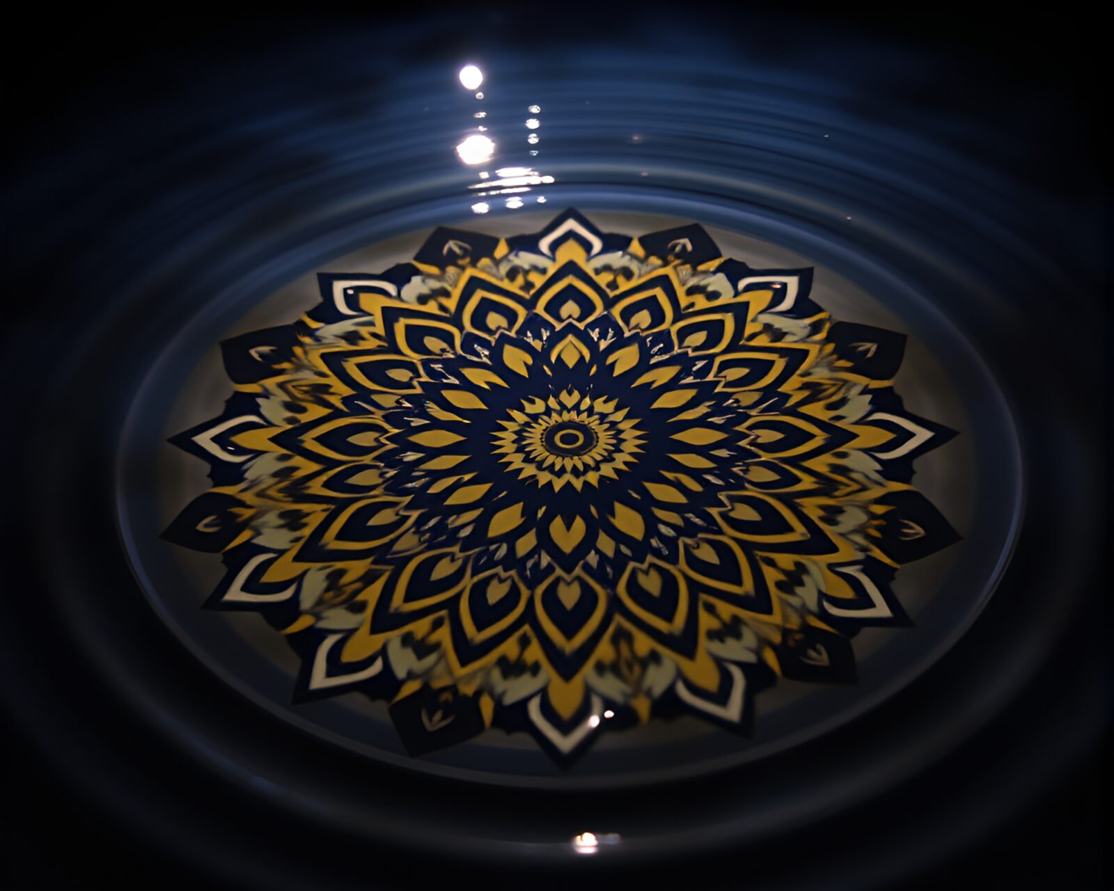 Intricate mandala design mirrored on rippling water in dramatic lighting