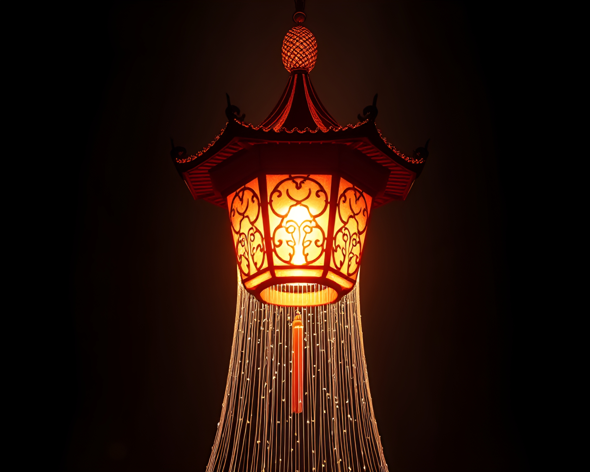 Mystical Pagoda Illuminated by Lantern Light Through Cobwebs – free AI stock image