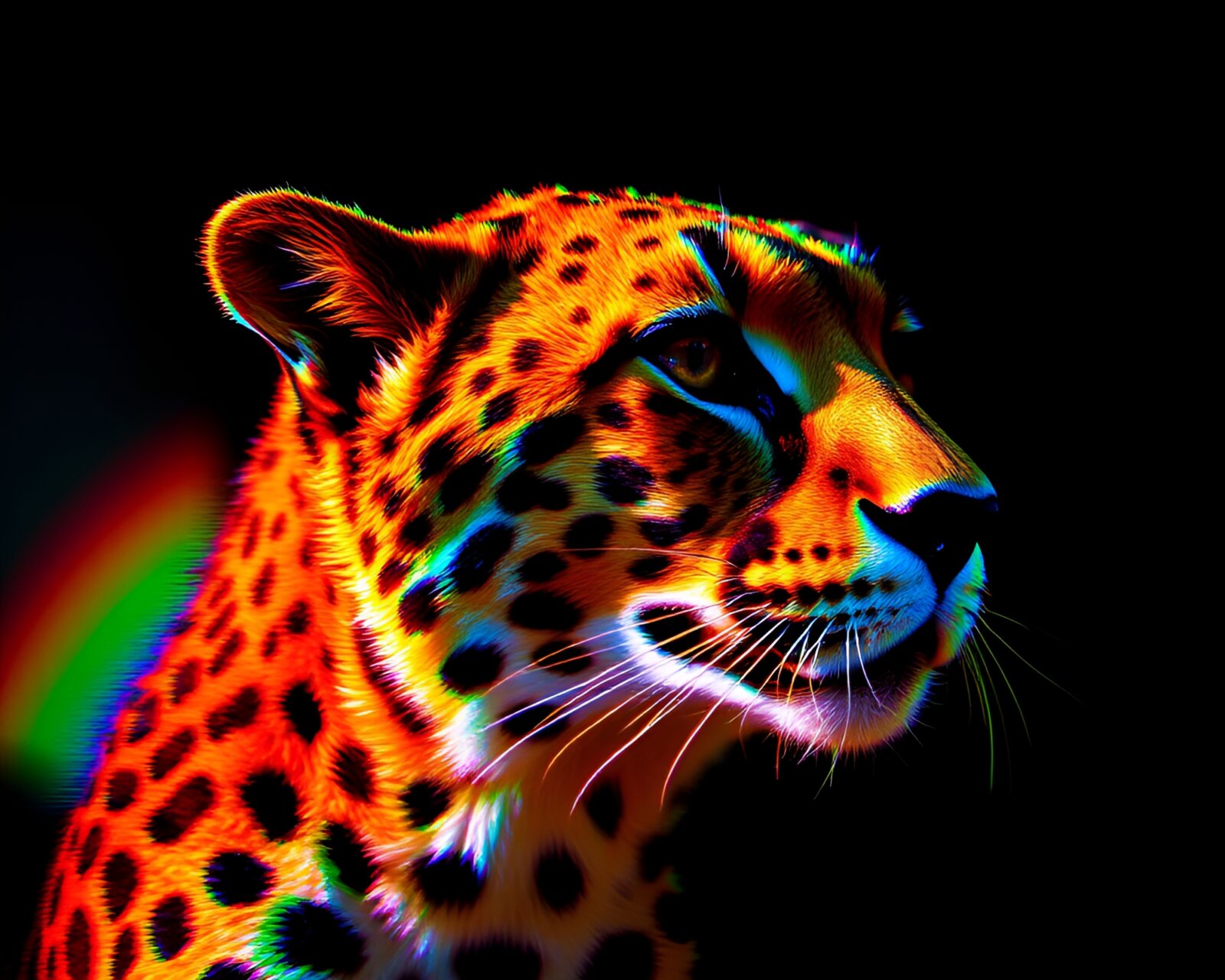 Attic shadowed cheetah with rainbow light refractions in glitched style