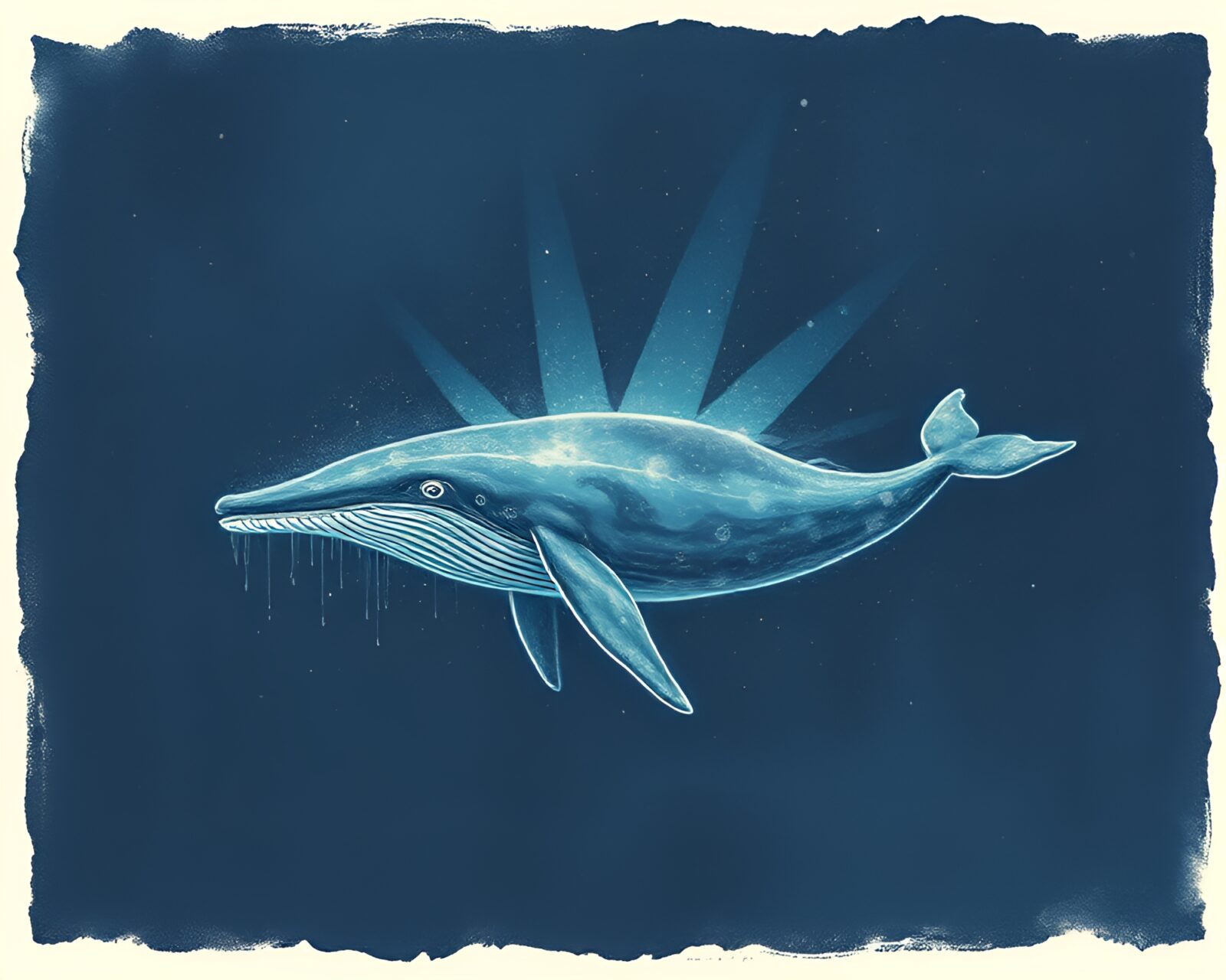 A surreal scene of a whale framed by digital retro scanlines