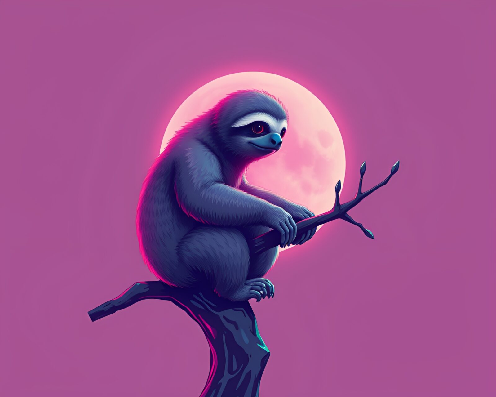 A cyberpunk illustration of a sloth in a peachy glow