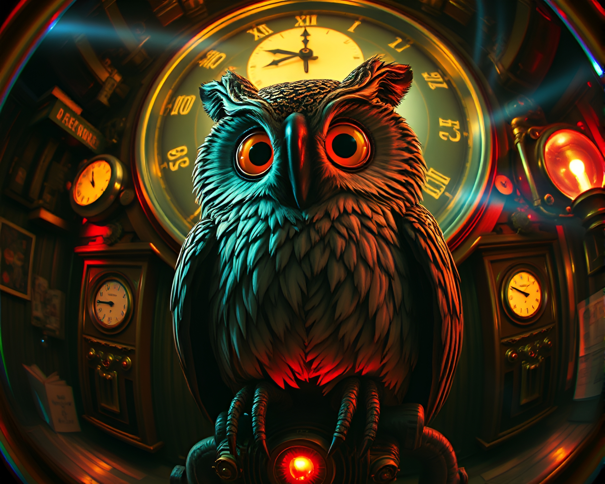 Clockwork Owl in Steampunk Club Strobe Lights – free AI stock image