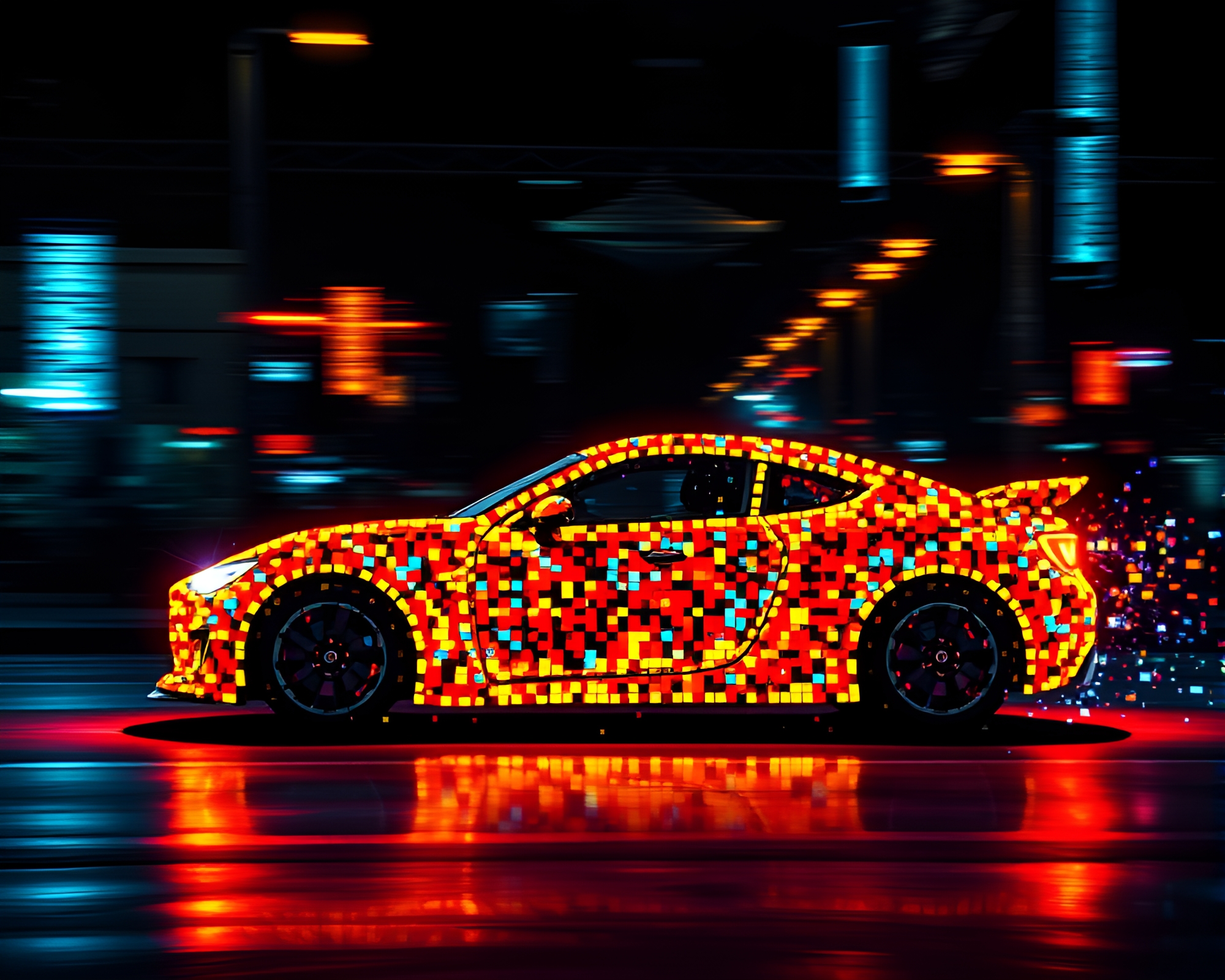 Neon Flying Car in Pixelated Mosaic Sky – free AI stock image