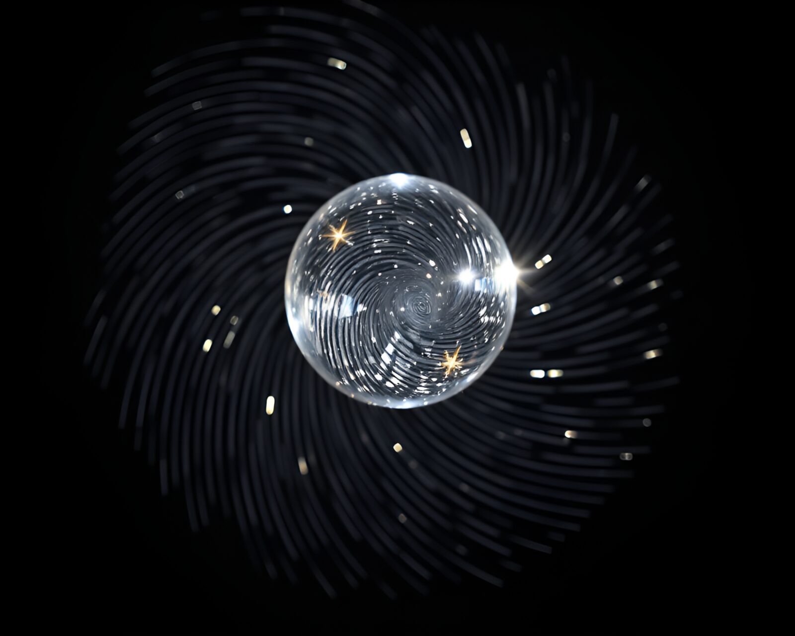 Chiaroscuro image of colorful fingerprint swirls inside floating crystal ball