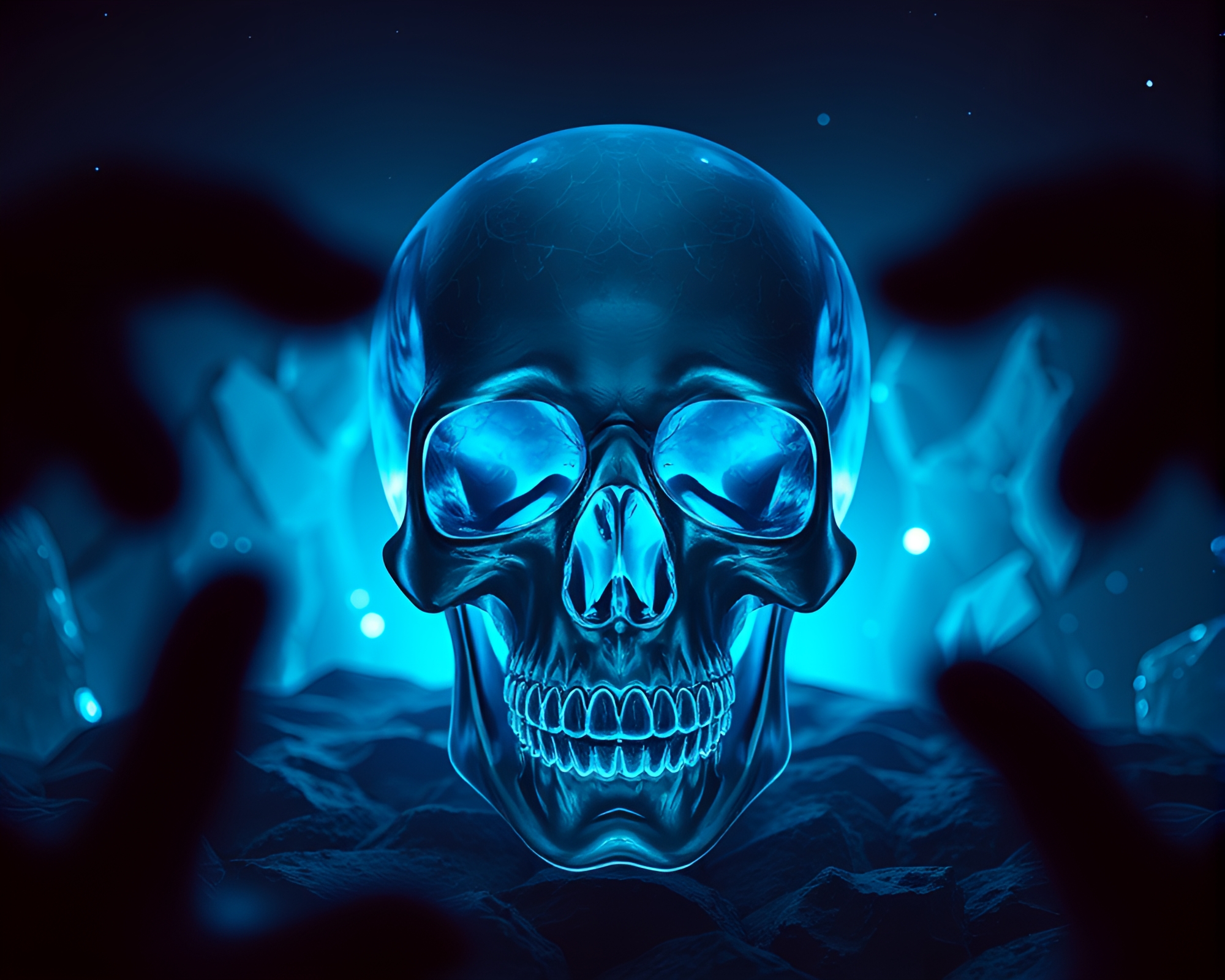 Retrowave Crystal Skull Illuminated in Sapphire Light – free AI stock image