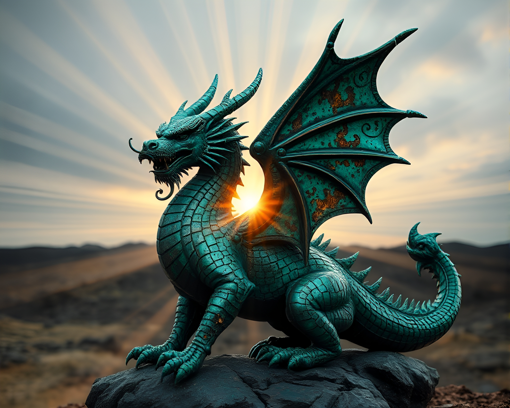 Majestic Dragon in Copper Verdigris God Rays – free AI stock image
