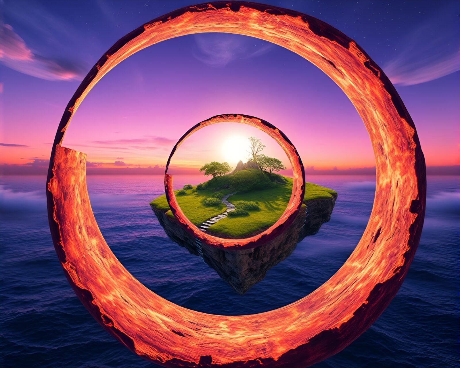 Mystical floating island surrounded by spiraling spectral colors