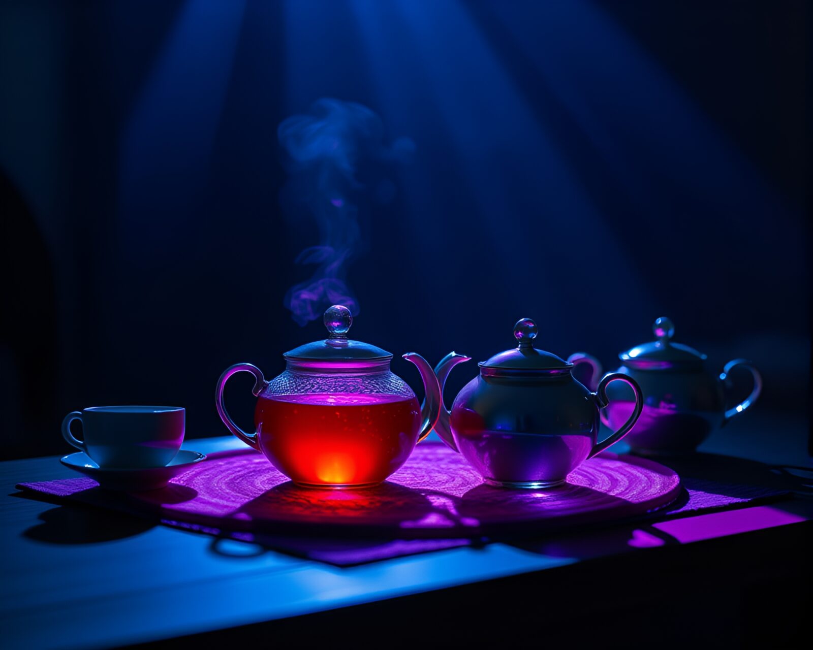 Enchanting light illuminating a tea set in motion