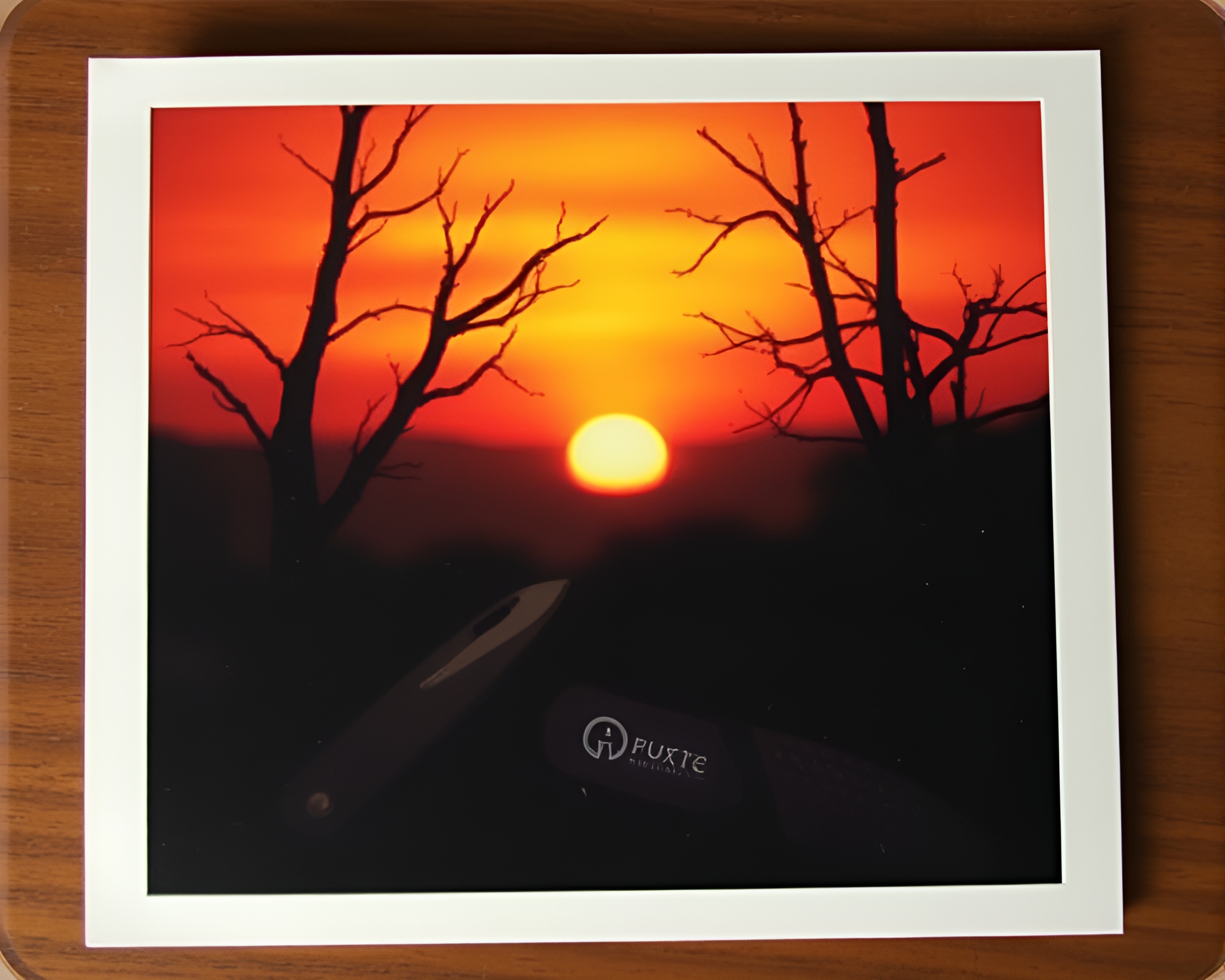 Twisted Vortex Sunset: Rusty Knife Polaroid Frame – free AI stock image