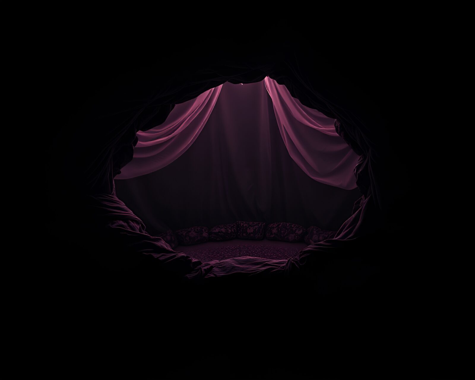 Gloomy stone circle illuminated by neon lights with fabric folds