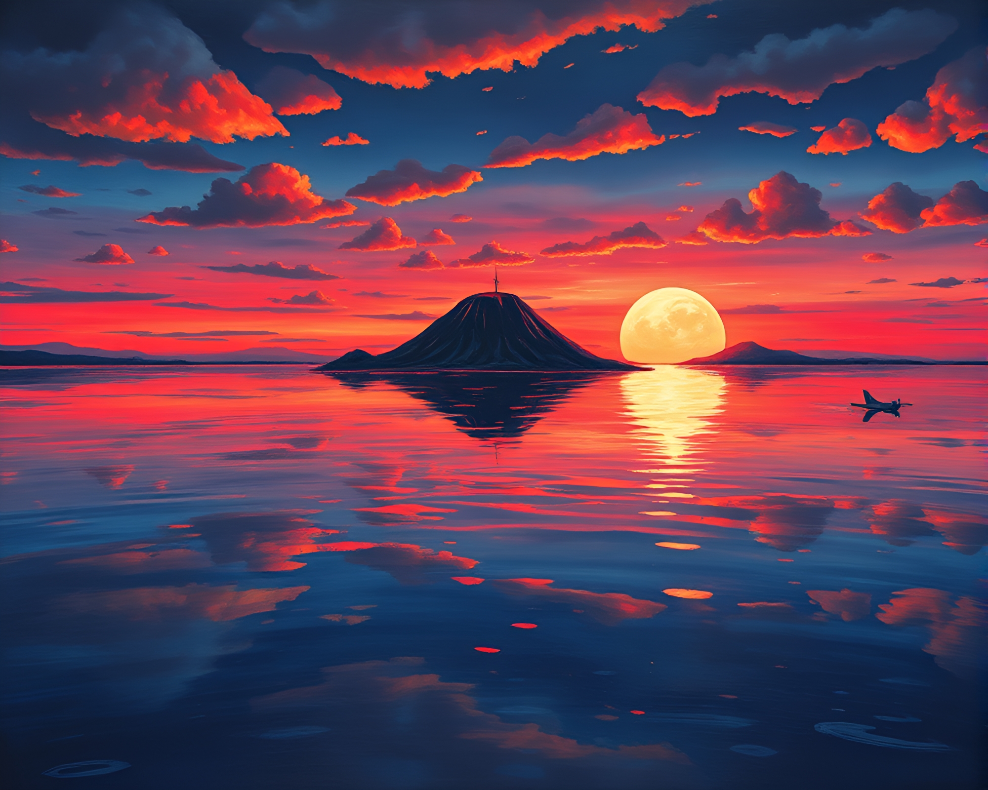 Surreal Sea Plane in Volcano Glow – free AI stock image
