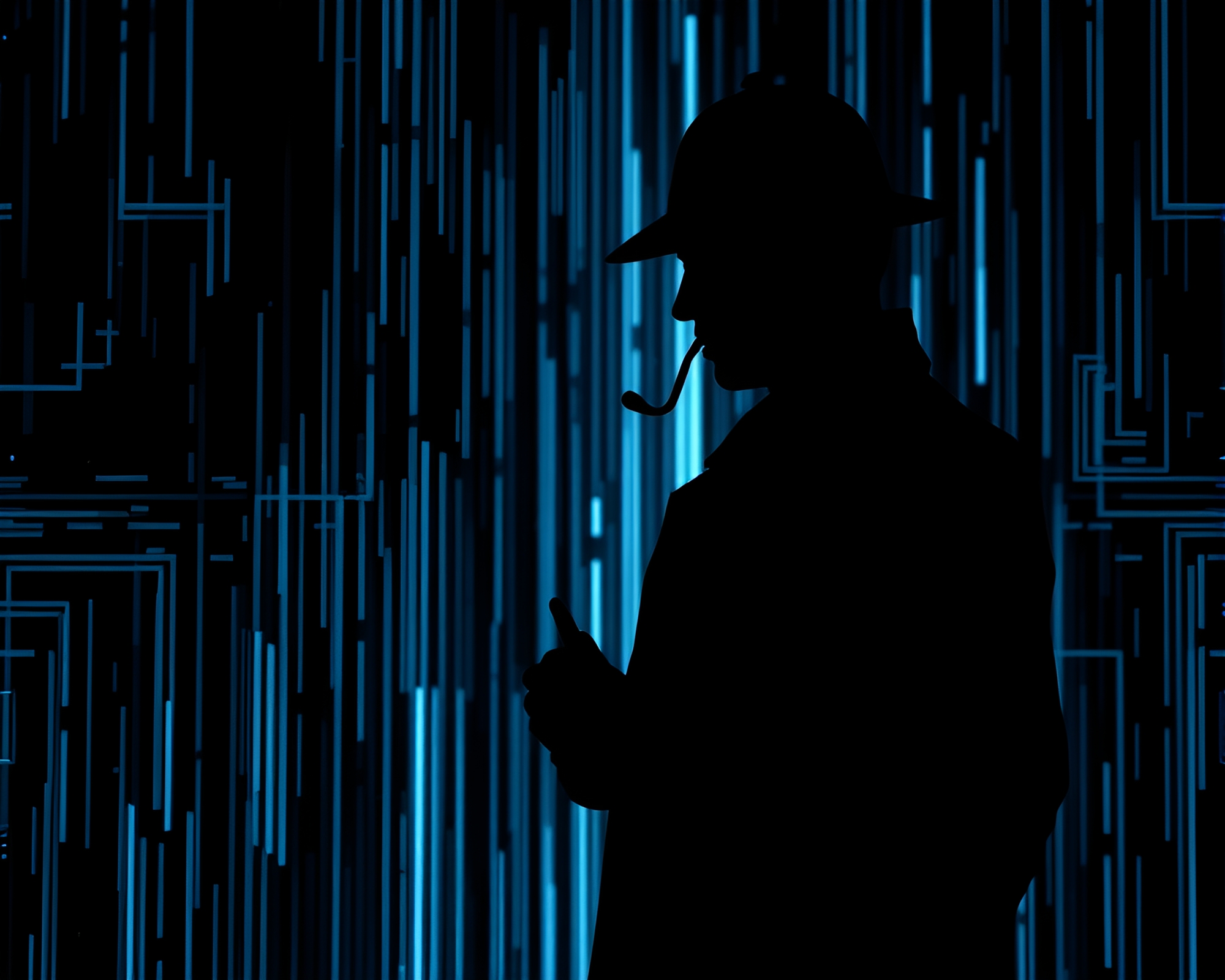 Monochrome Blue Scan Lines Detective Silhouette – free AI stock image