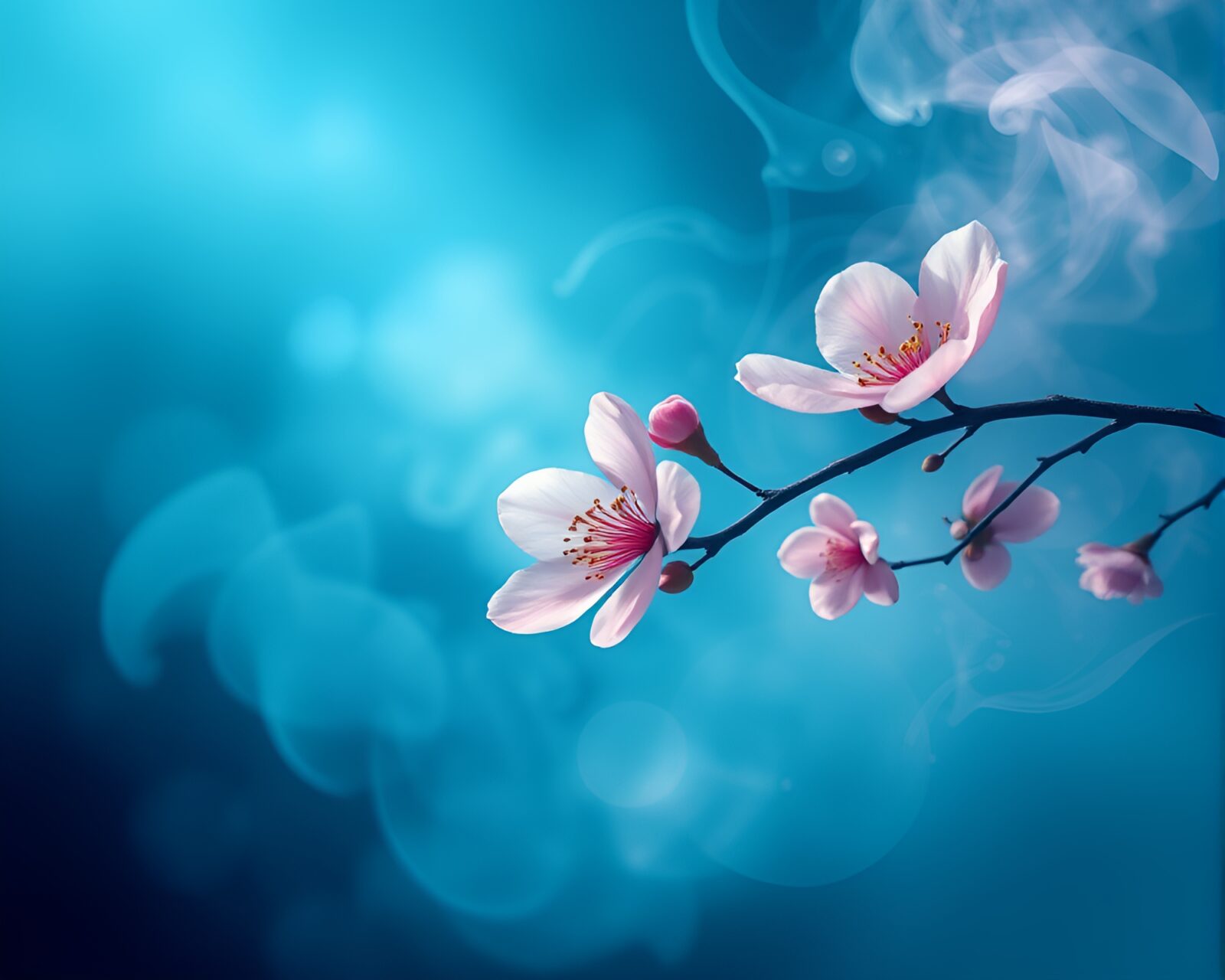 Ethereal image of swirling smoke rings amidst blooming cherry blossoms