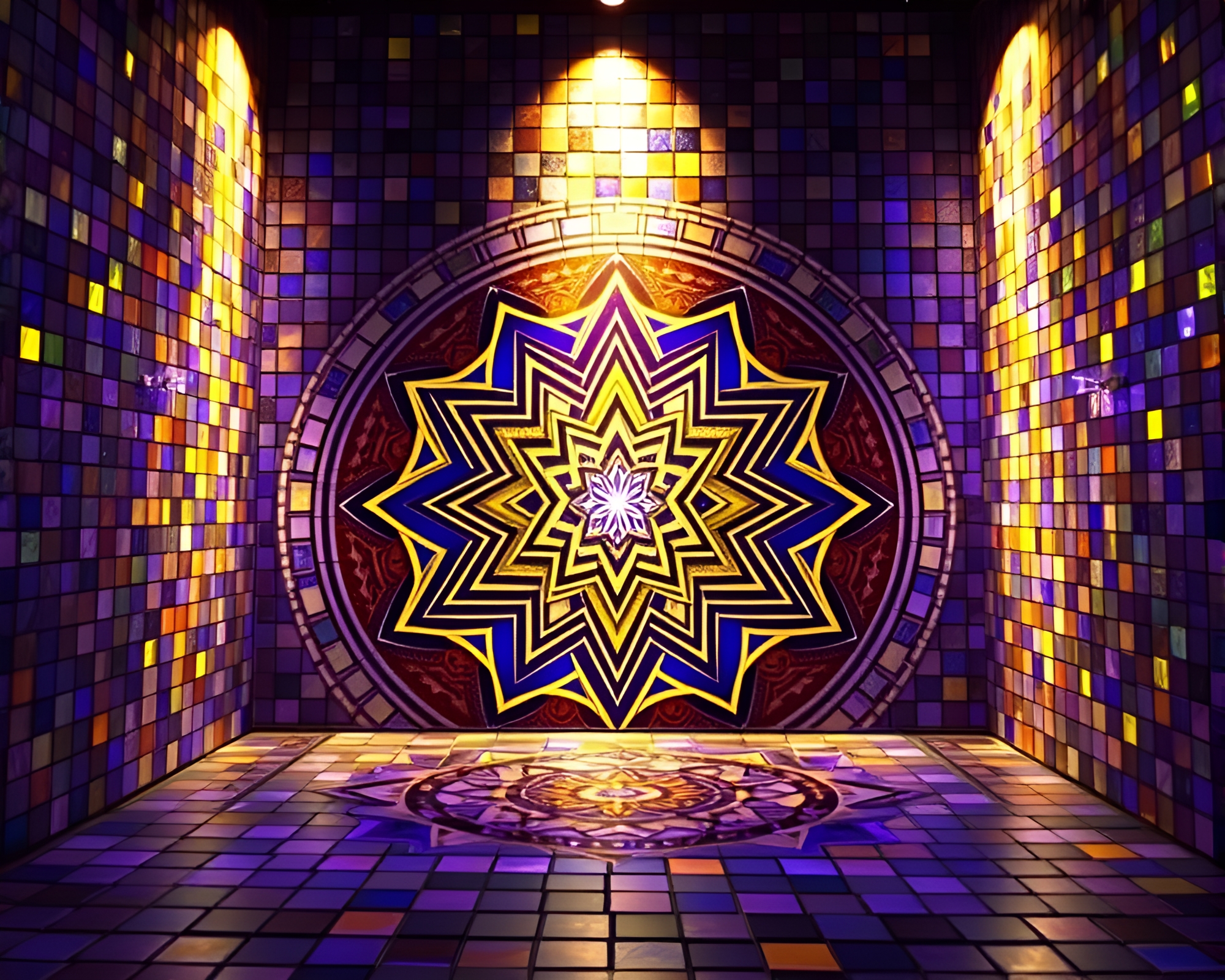 Iridescent Sacred Geometry Tiled Mosaic Illuminated Ultraviolet – free AI stock image