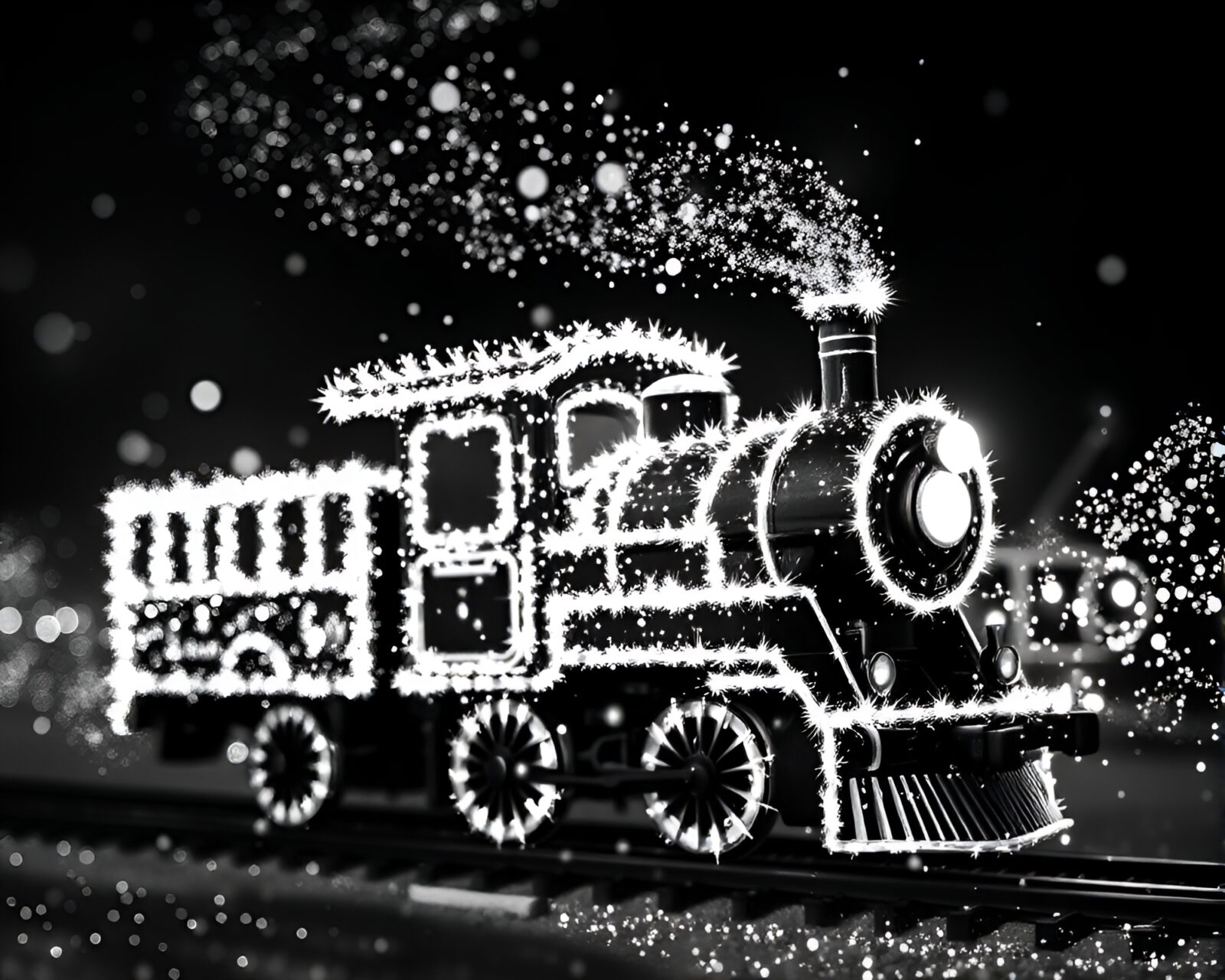 Detailed stippling art of a magical monochrome train