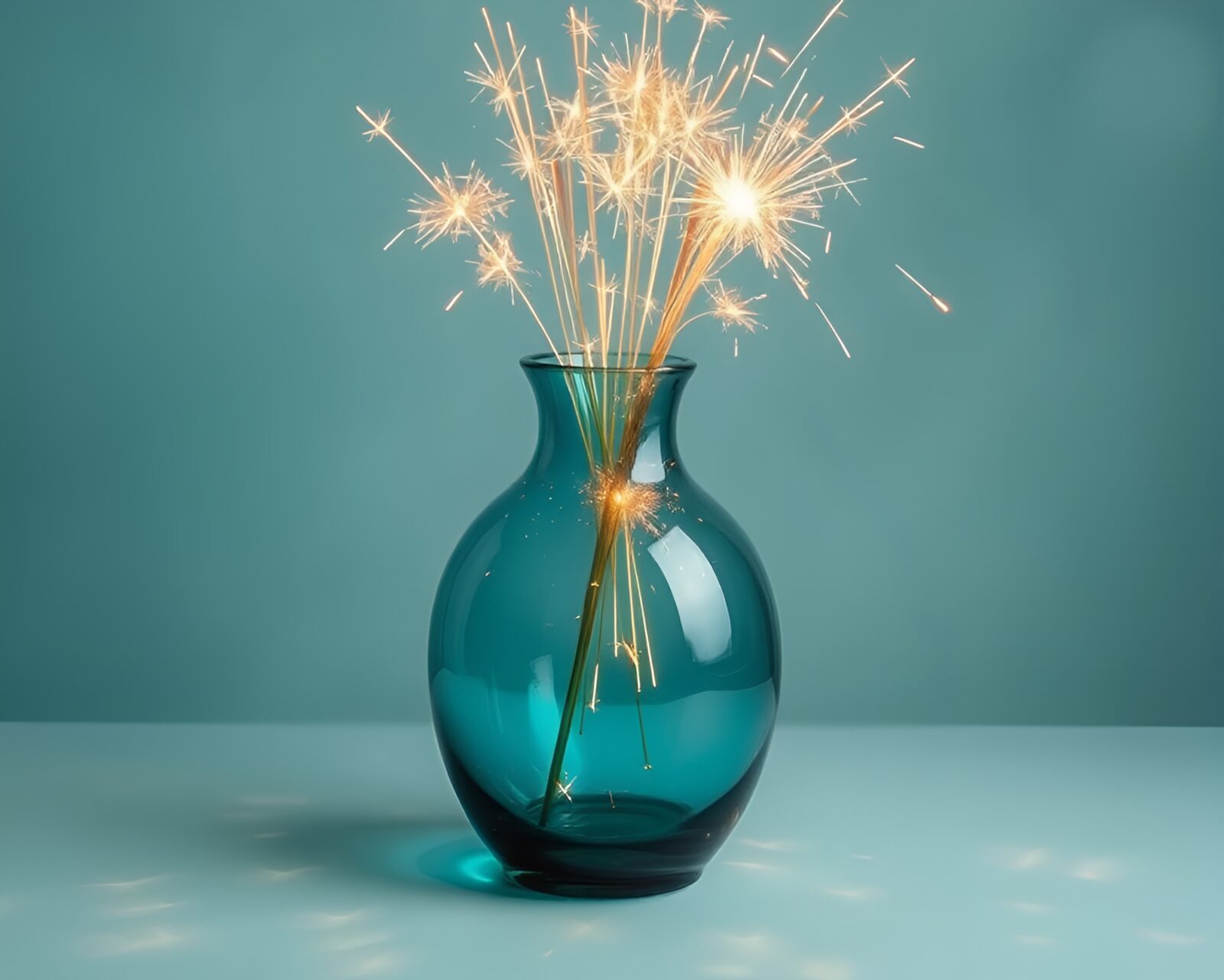A serene teal vase with sparkling sparkler trails lithographically depicted
