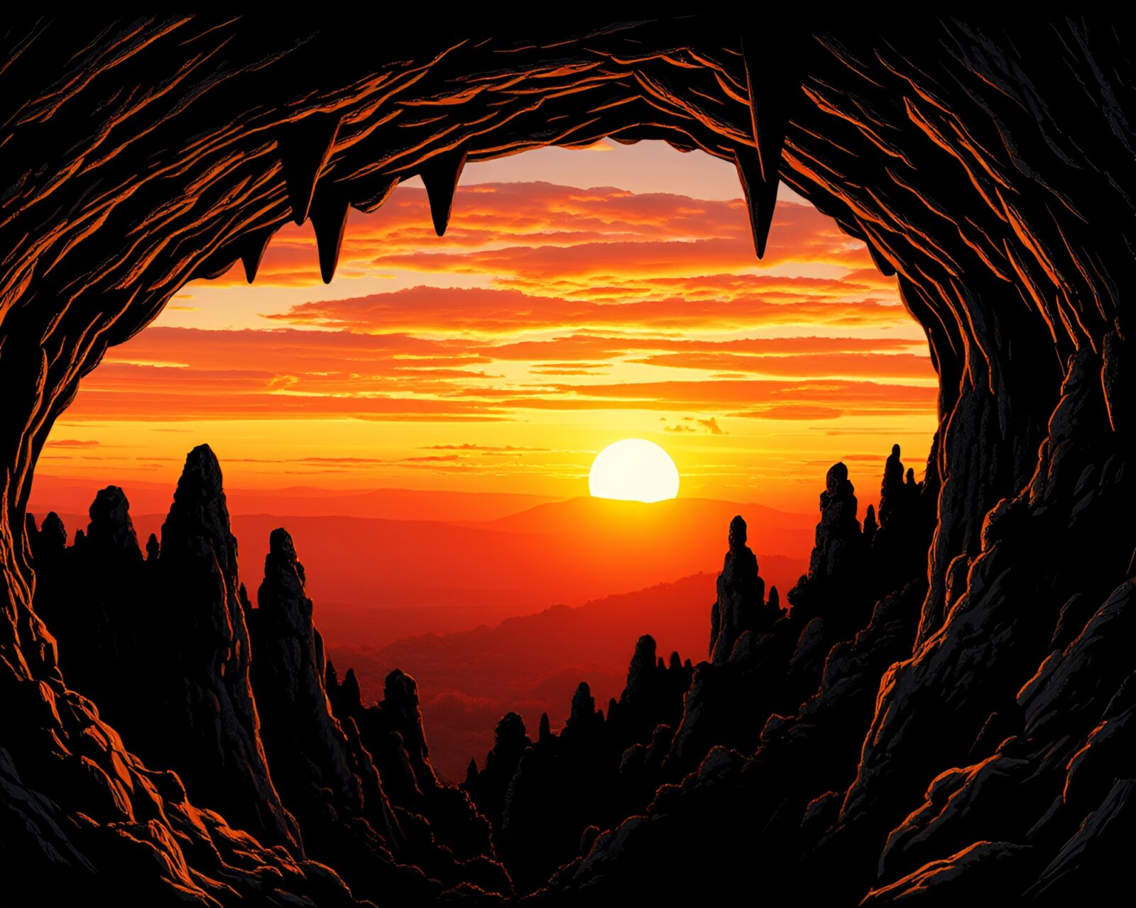Engraved cliffs with twisting formations under a glowing sky