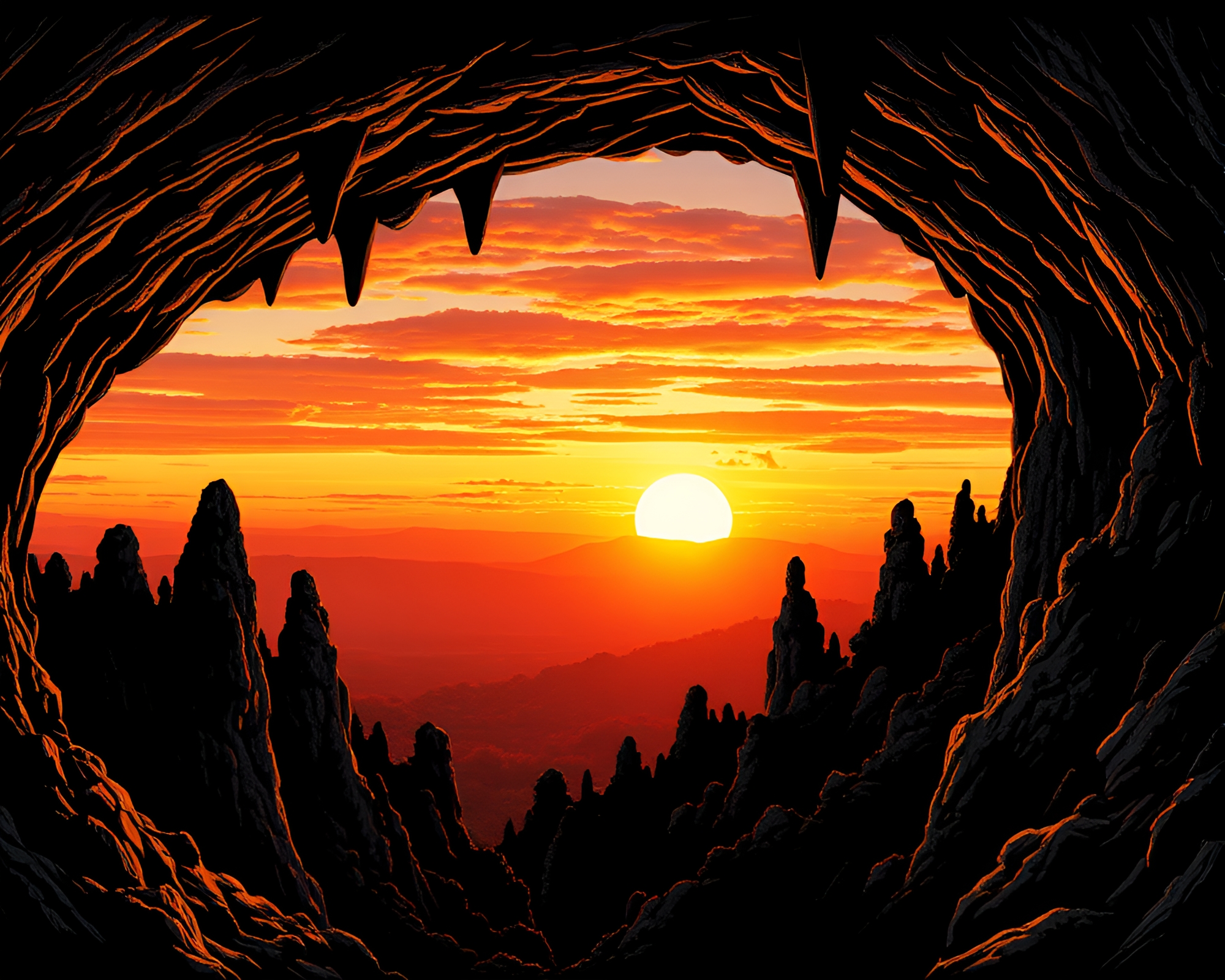 Engraved Cave Stalactites Spiral Sunset – free AI stock image