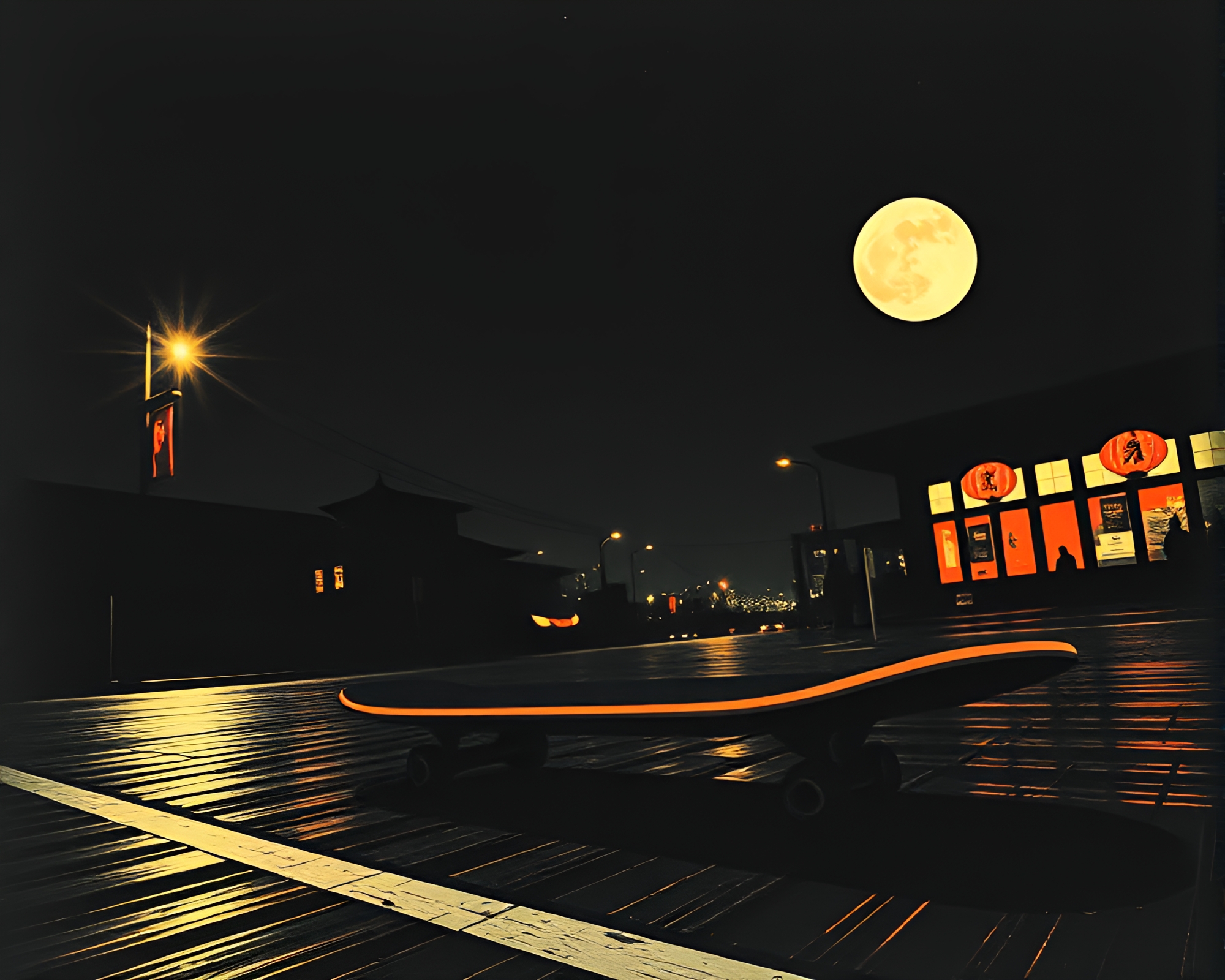 Film Noir Hoverboard Chase Through Woodblock Print City – free AI stock image