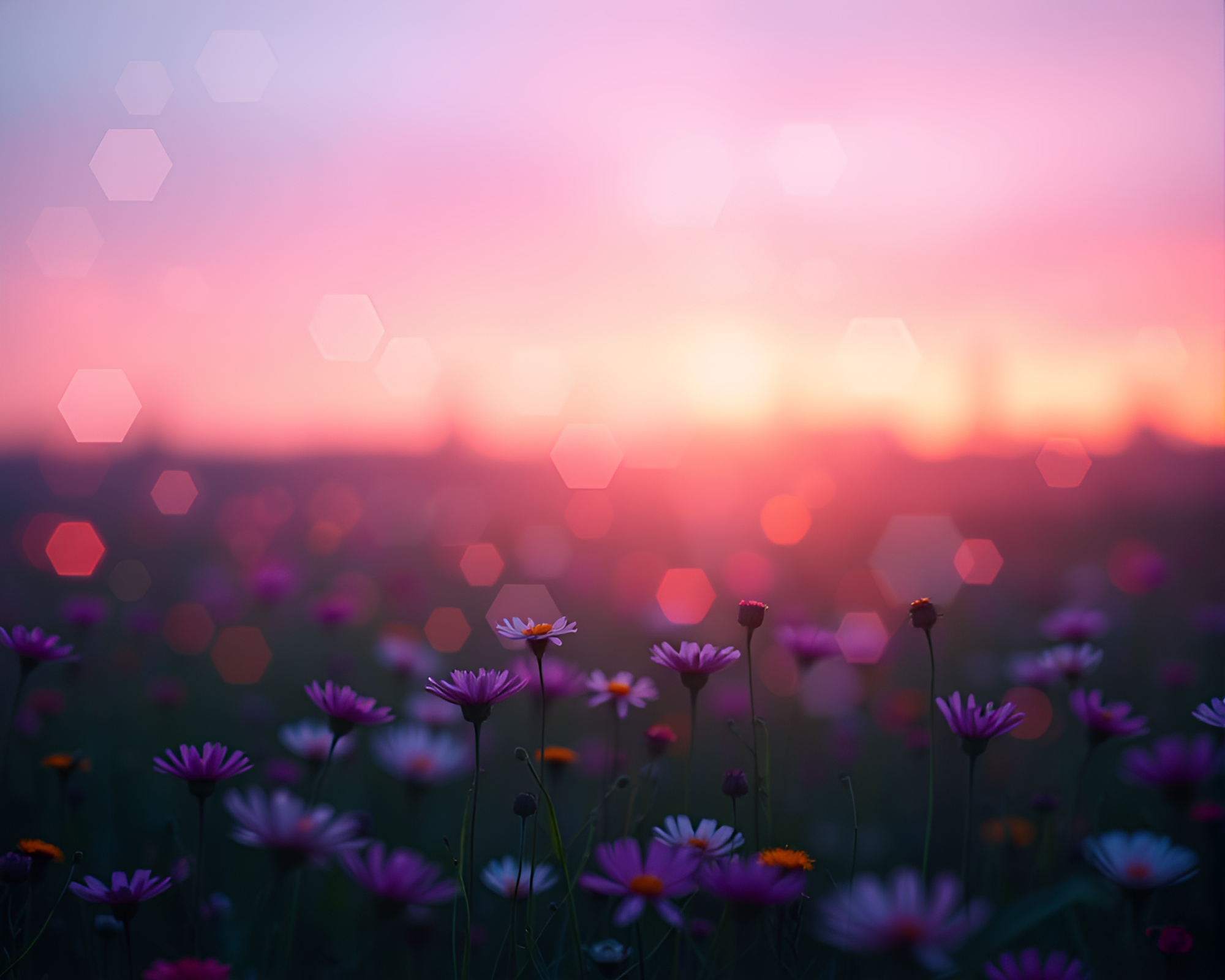 Digital Twilight Geometric Patterns in Flowering Meadow – free AI stock image