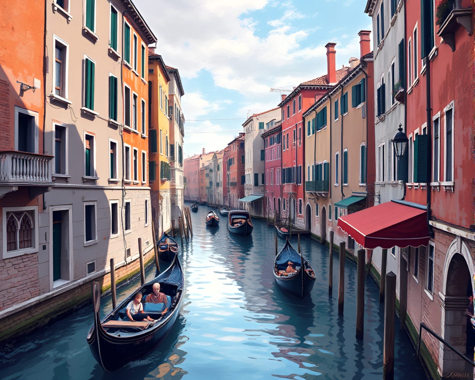 Illustrated Venice canal scene with vibrant colors and pedestrians