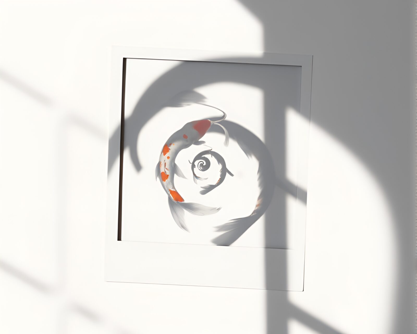 Fibonacci spiral design surrounding a vibrant koi fish on cliffside