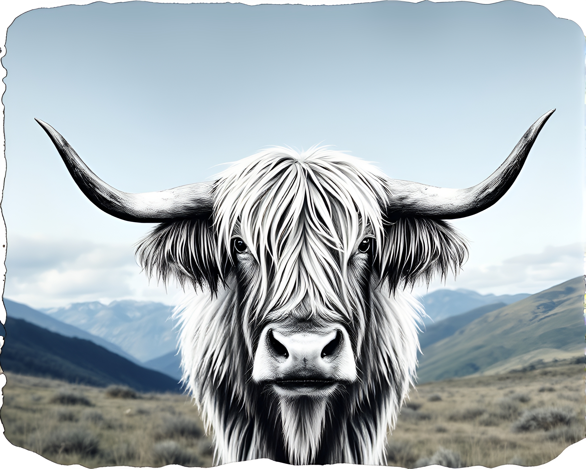 Majestic Highland Cow Portrait with Torn Calligraphy Edges – free AI stock image