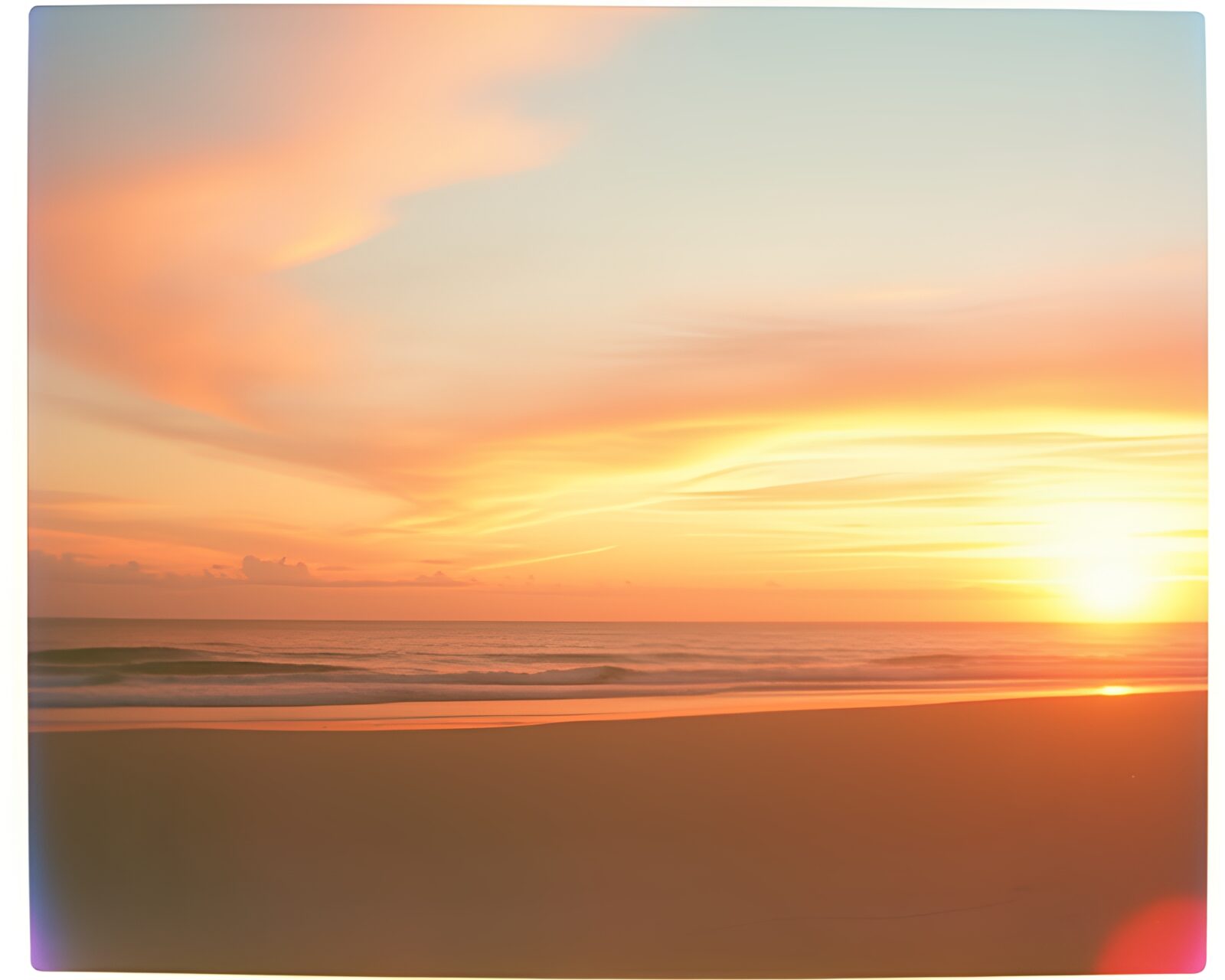Colorful soap film on sandy beach reflecting sunset skyline