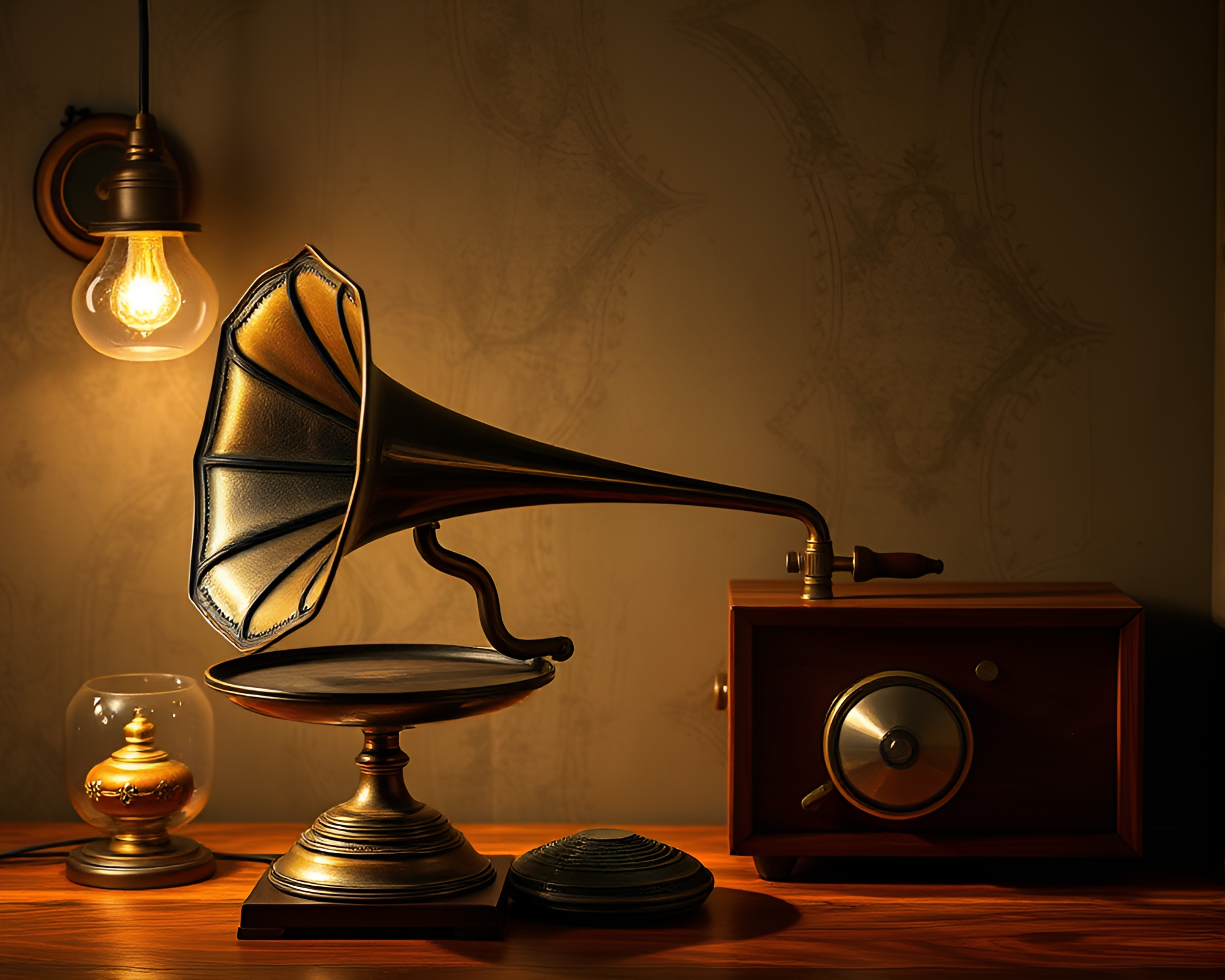 Steampunk Gramophone in Trompe-l’oeil Setting – free AI stock image