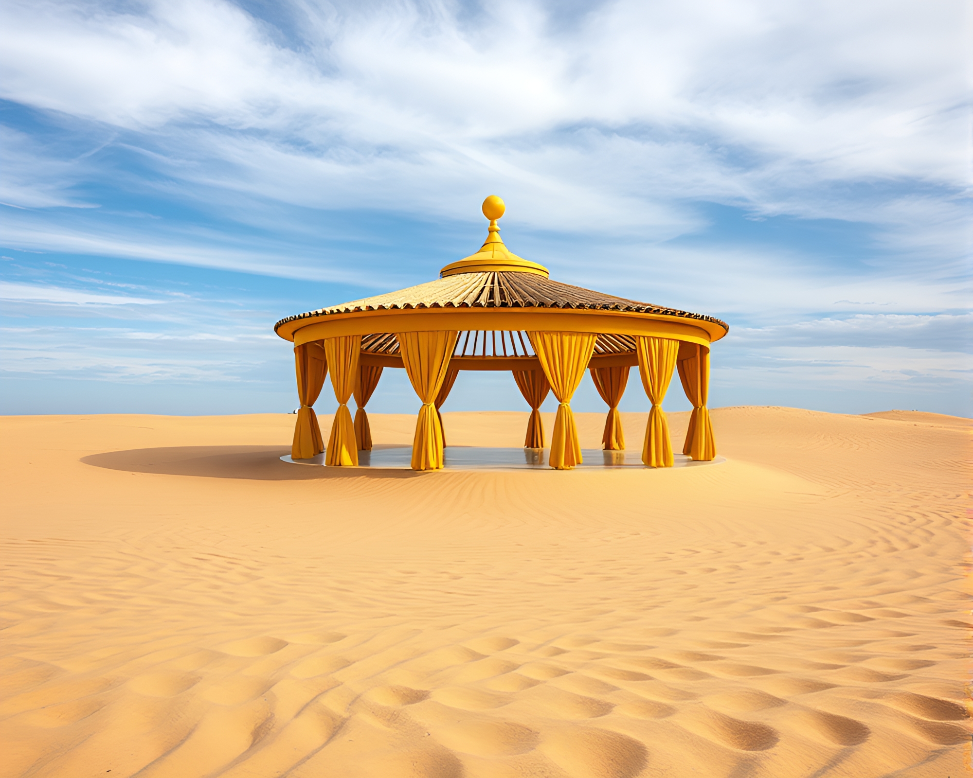 Mustard Yellow Floating Pavilion in Macro Sand Swirl Pattern – free AI stock image