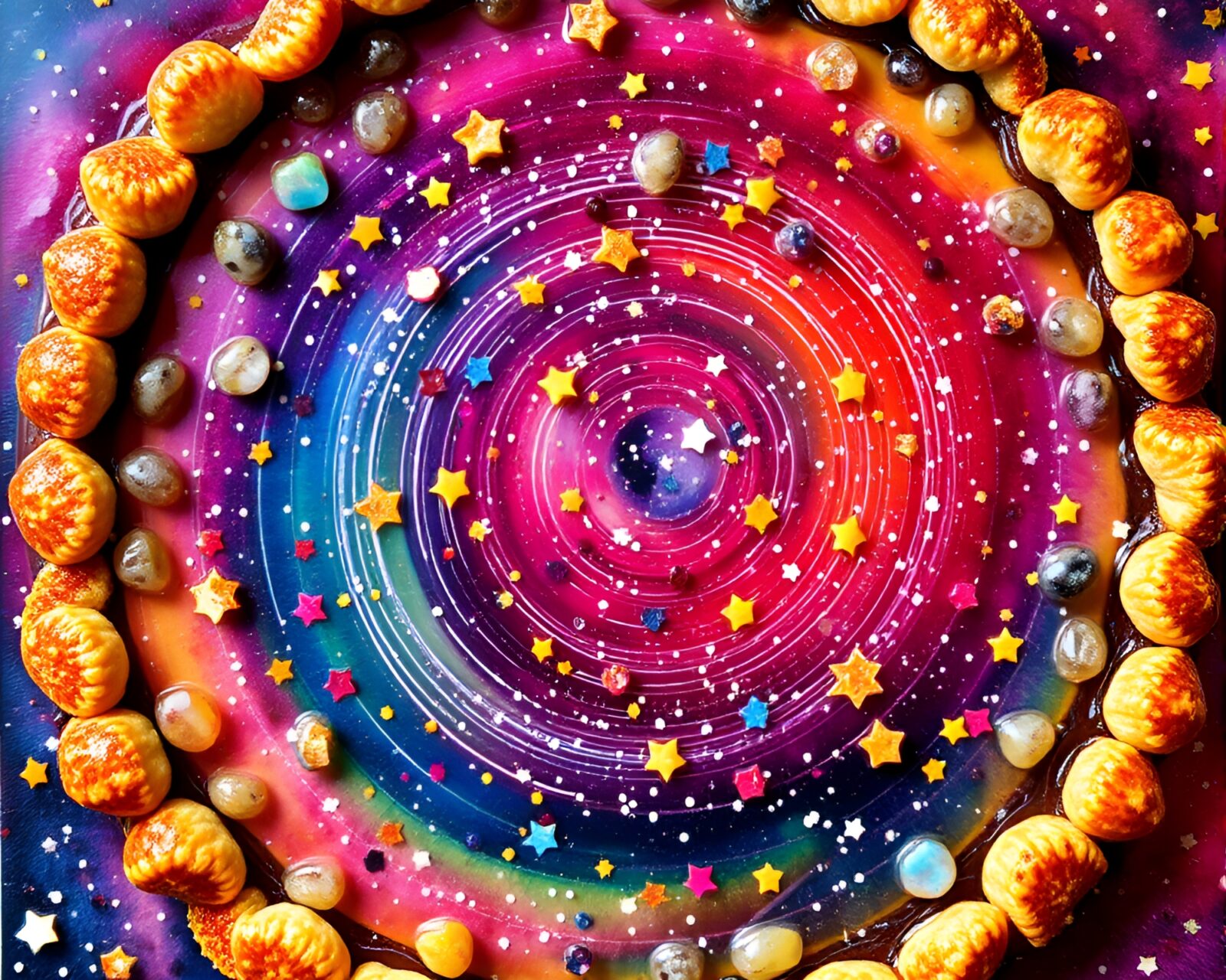 Vibrant fruit tart under swirling star trail sky burst