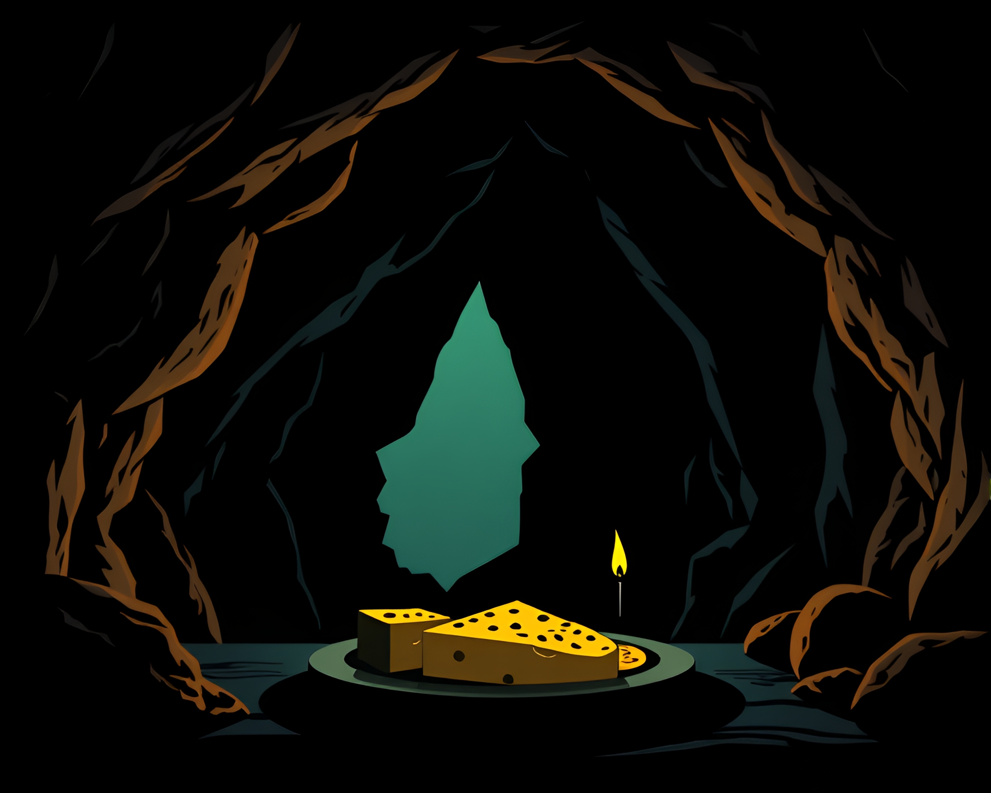 Cheese Platter Silhouette in Cave with Scan Lines – free AI stock image
