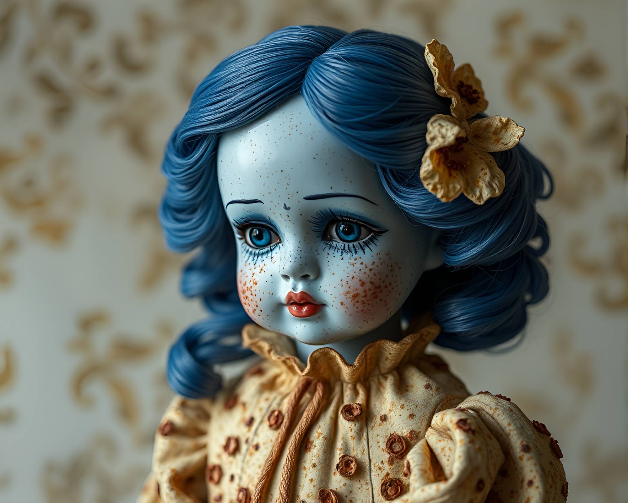 Rust Flakes on Porcelain Doll: Écorché Sapphire Aesthetic – free AI stock image