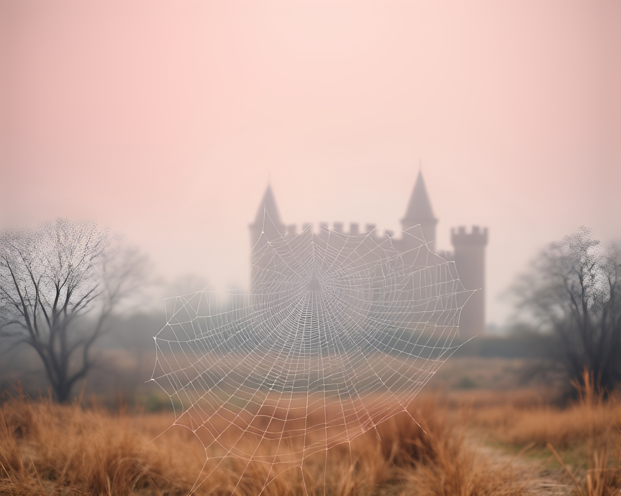 Haunted Castle Shrouded in Blush Cobweb Strands – free AI stock image