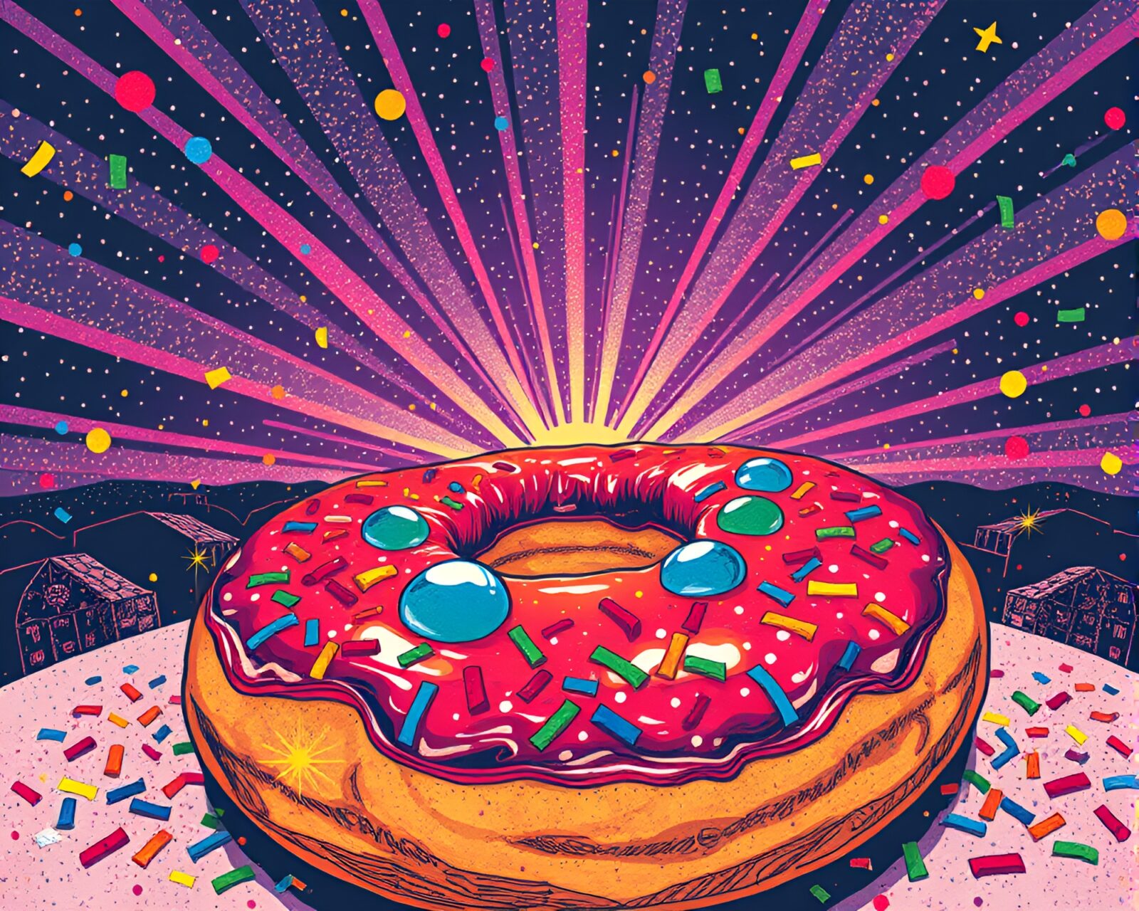 Colorful confetti explosion surrounding a delicious jelly doughnut scene