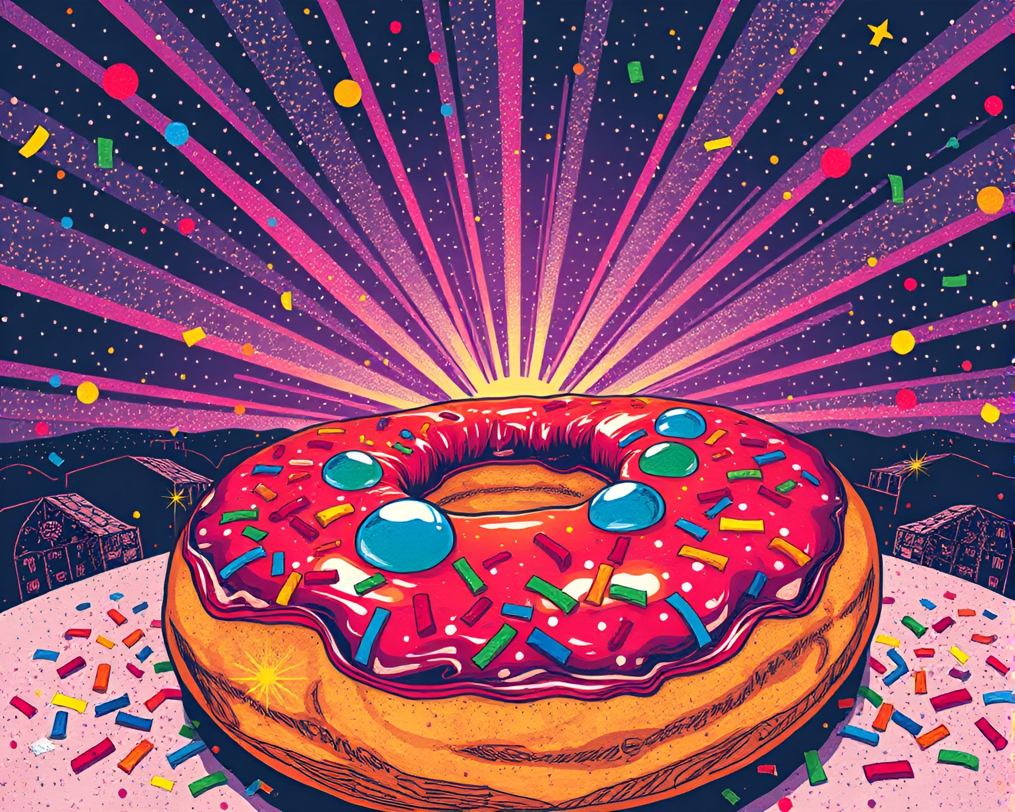 Vibrant Woodcut Print of Jelly-filled Doughnut Panorama – free AI stock image