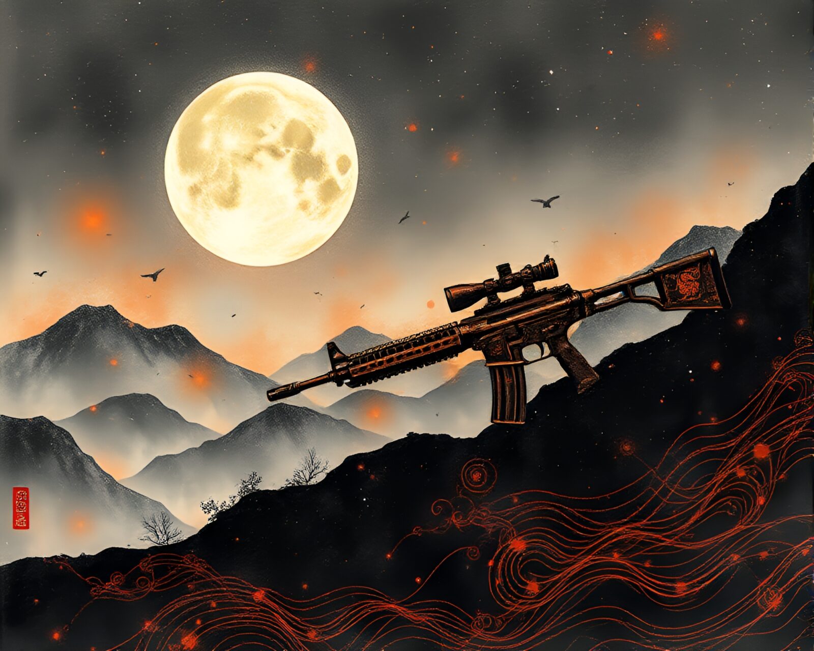 Ethereal sumi-e depiction of a plasma rifle in misty dawn